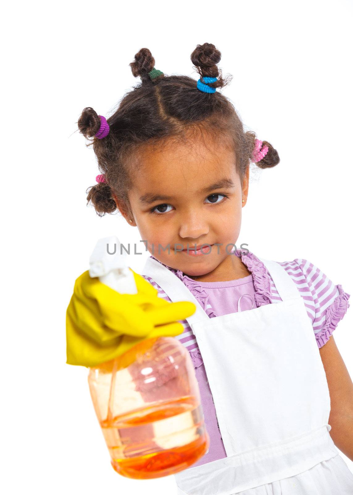 A pretty little mulatto girl maid cleaner with gloves. Isolated white background