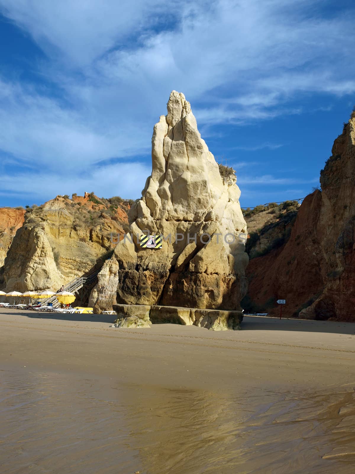 A section of the idyllic Praia de Rocha beach on the southern coast of the Portuguese Algarve region.