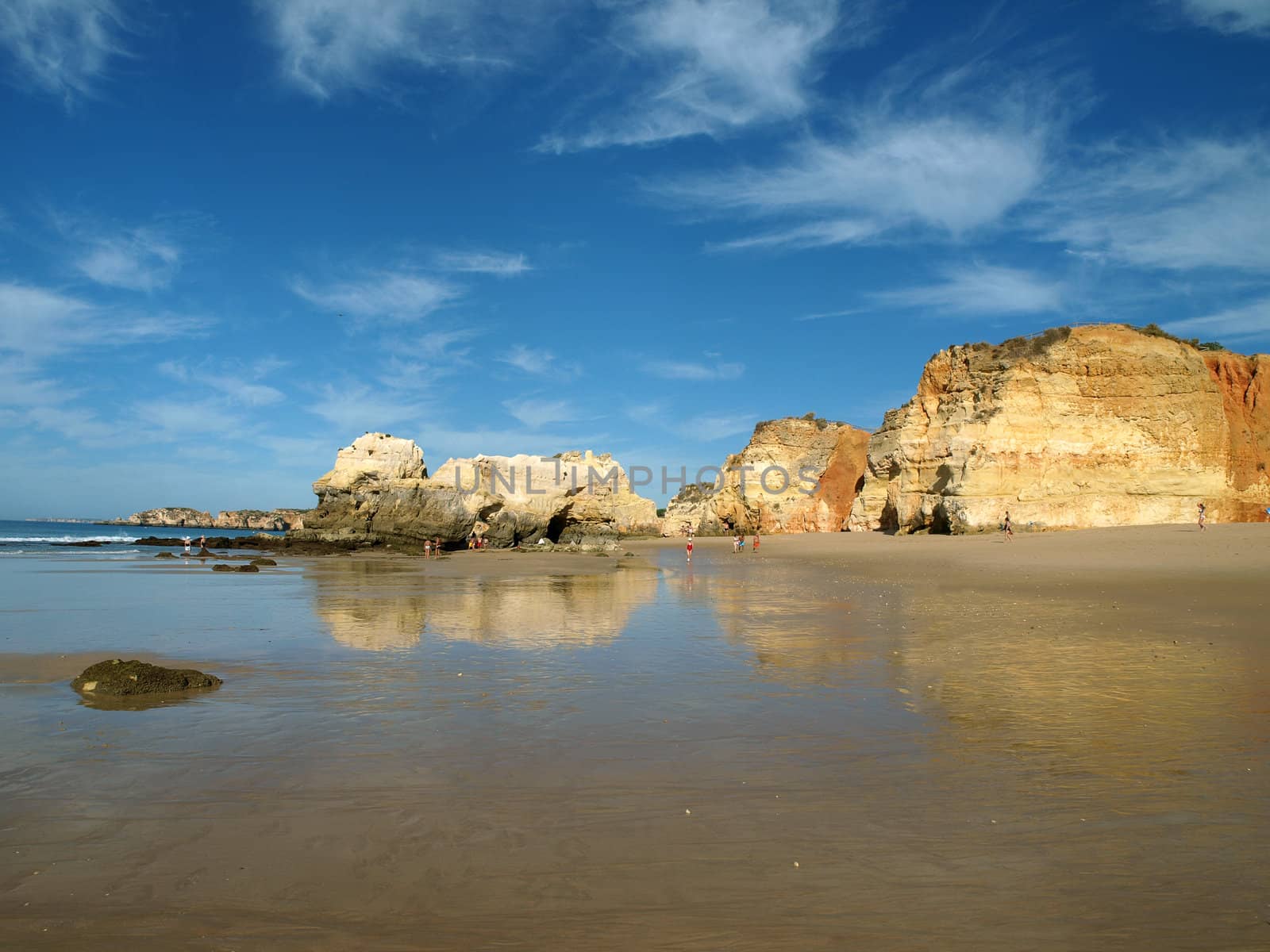 A section of the idyllic Praia de Rocha beach on the southern coast of the Portuguese Algarve region.