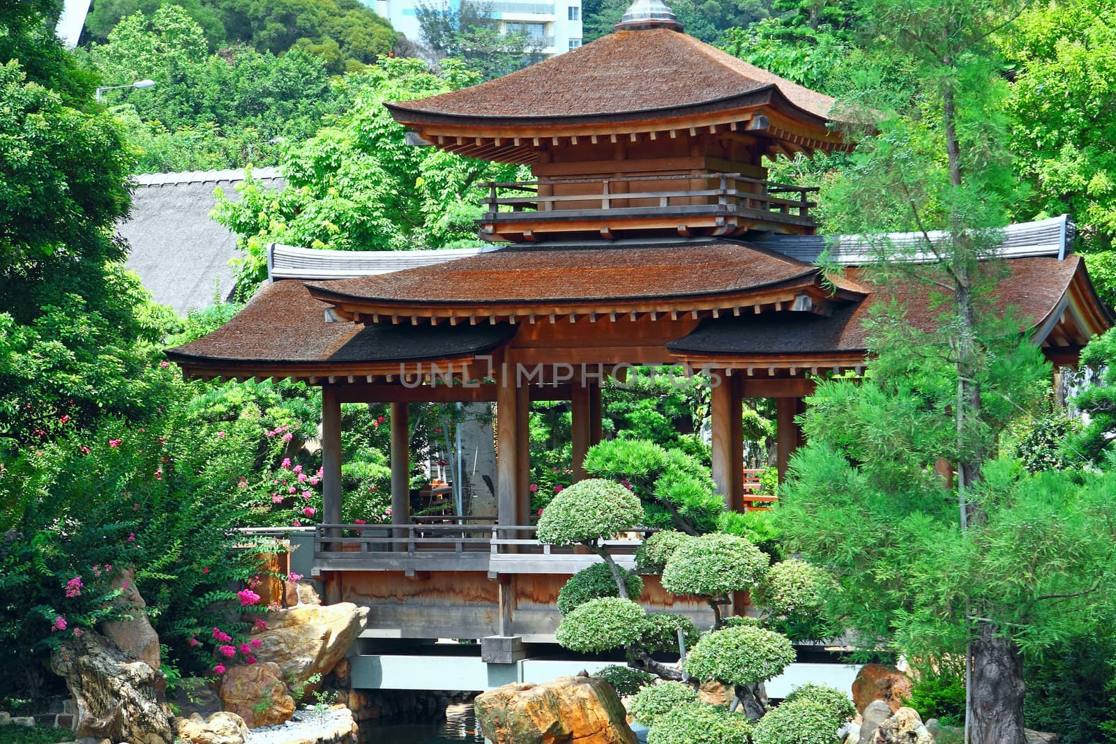 Pavilion and green trees at day