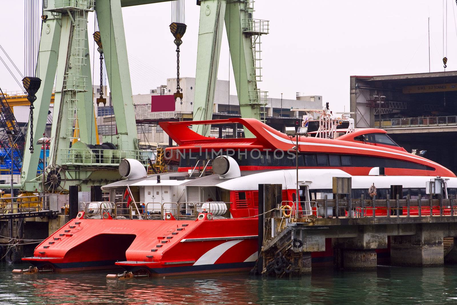 Catamaran ferry in maintain harbor