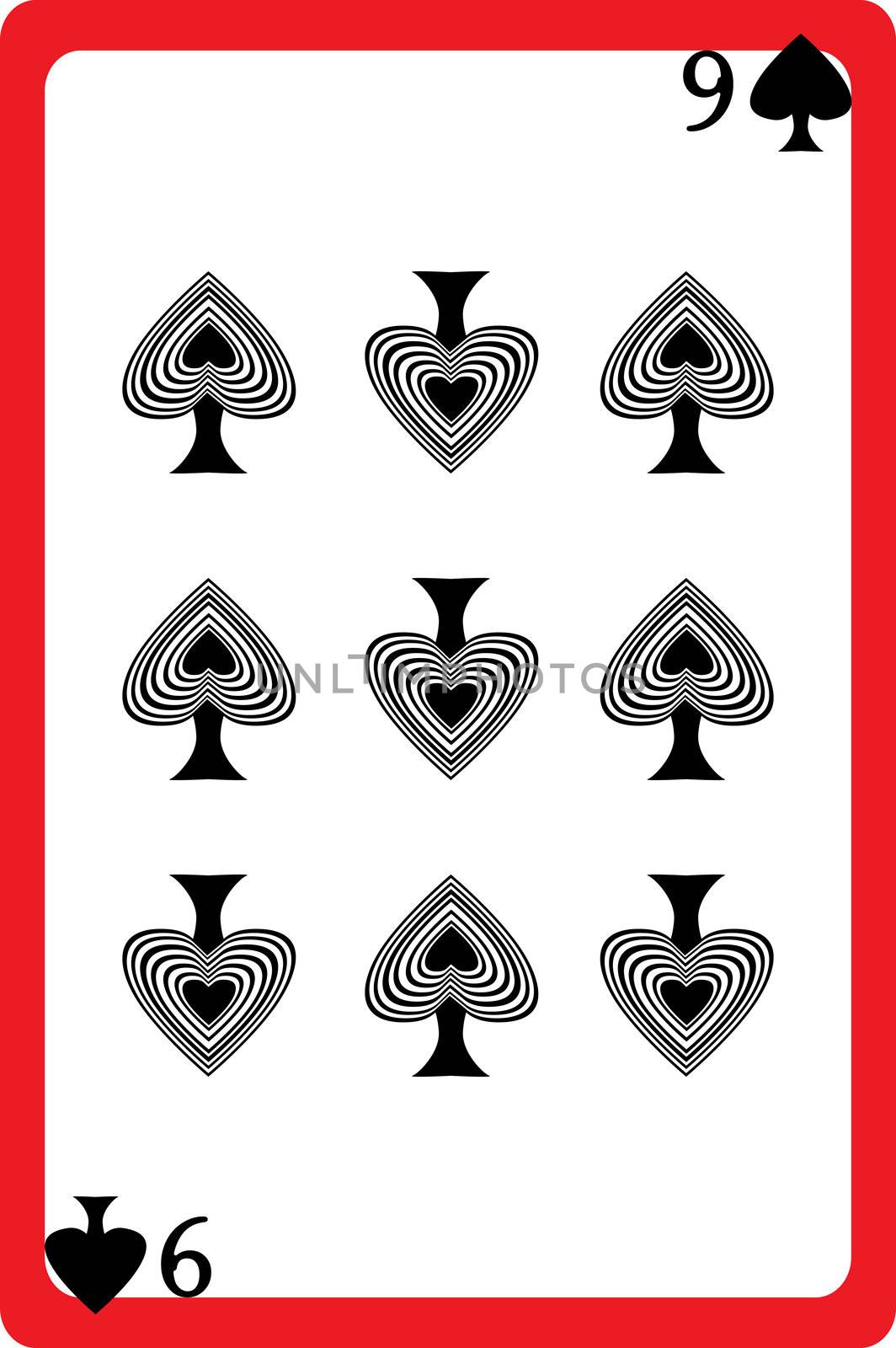 Scale hand drawn illustration of a playing card representing the nine of spades, one element of a deck