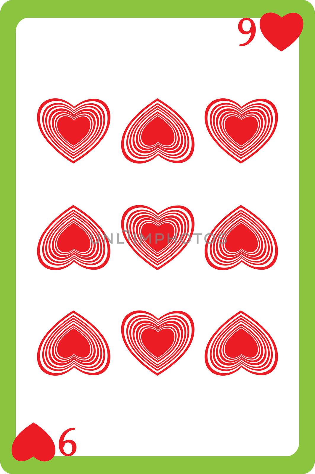 Scale hand drawn illustration of a playing card representing the nine of hearts, one element of a deck