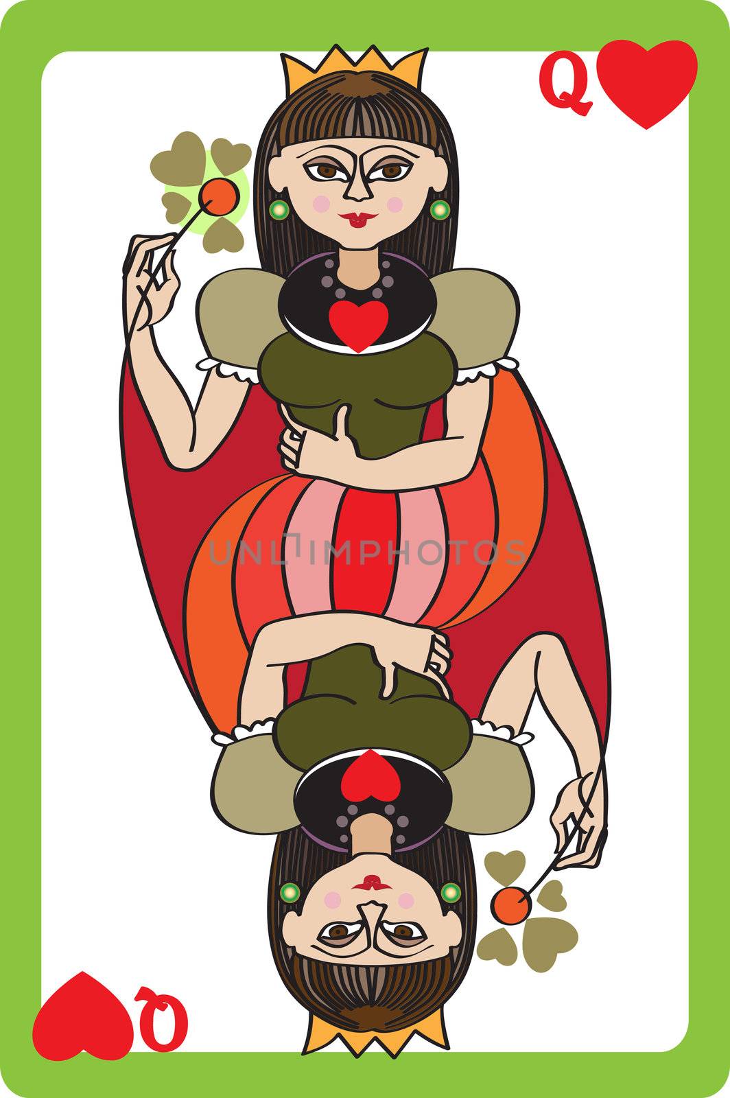 Scale hand drawn illustration of a playing card representing the queen of hearts, an element of a deck