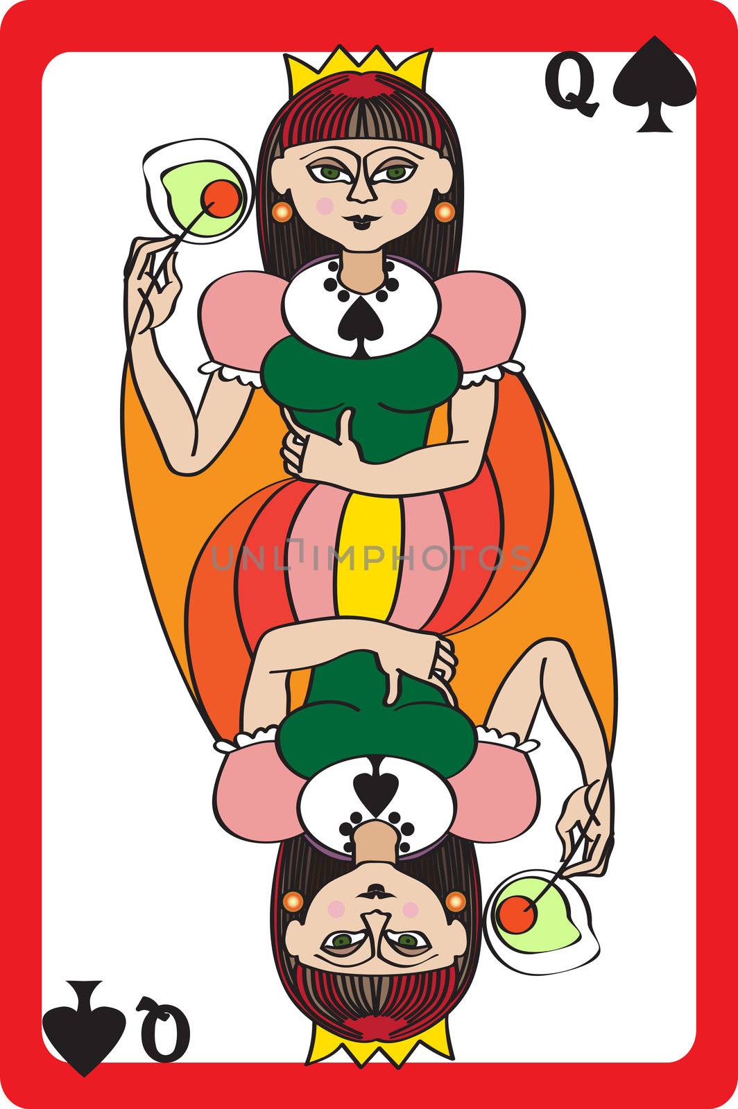 Scale hand drawn illustration of a playing card representing the queen of spades, an element of a deck