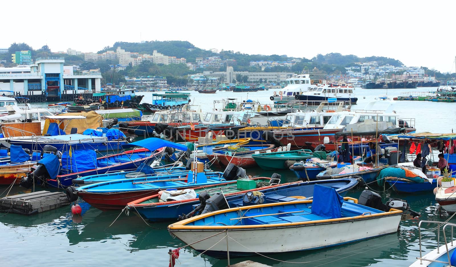 Fishing and house boats anchored in Cheung Chau harbour. Hong Kong. 