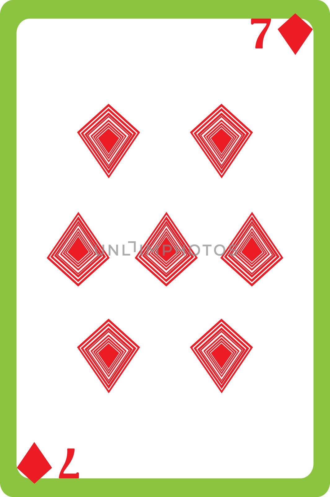 Scale hand drawn illustration of a playing card representing the seven of diamonds, one element of a deck