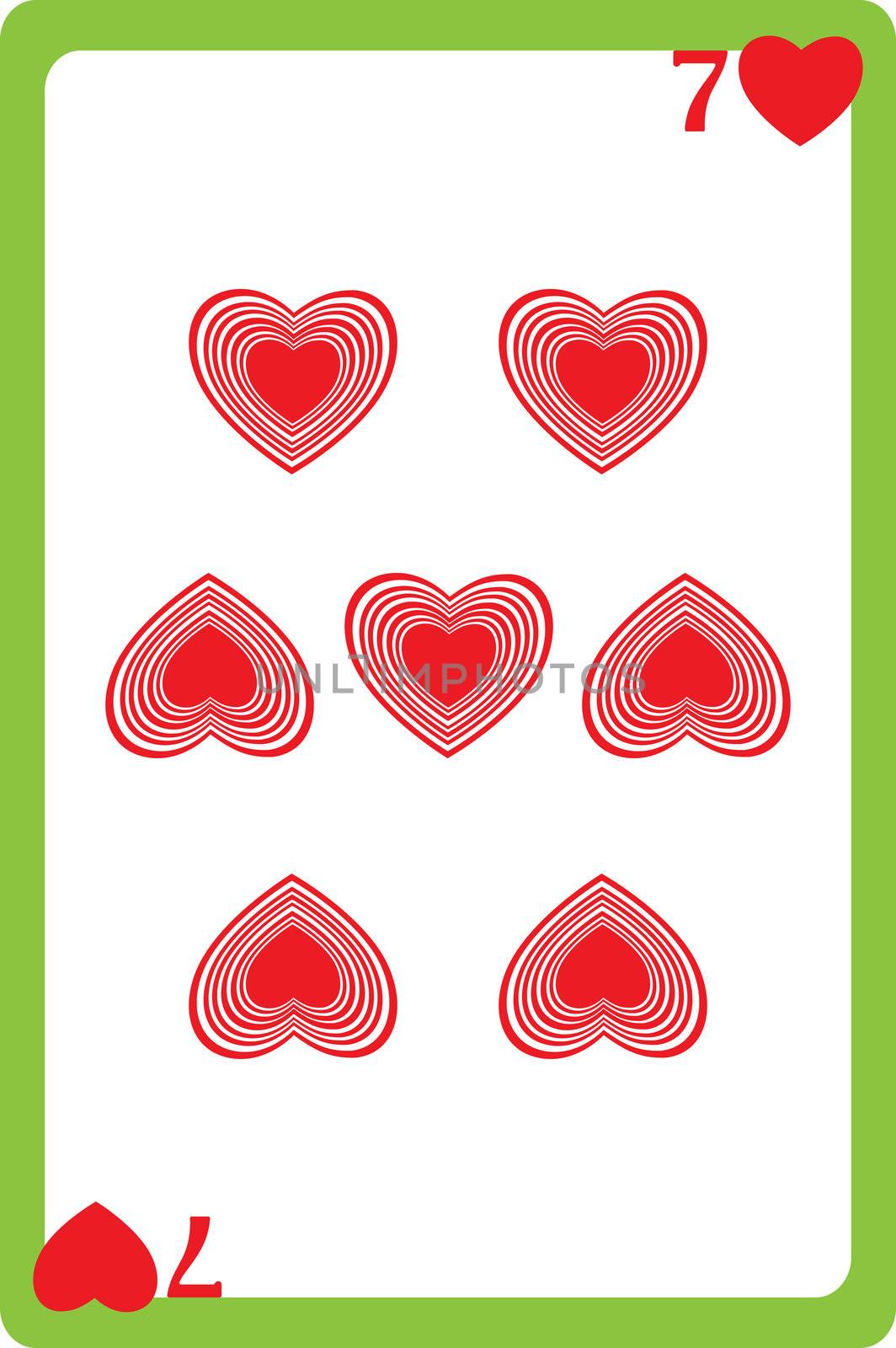 Scale hand drawn illustration of a playing card representing the seven of hearts, one element of a deck