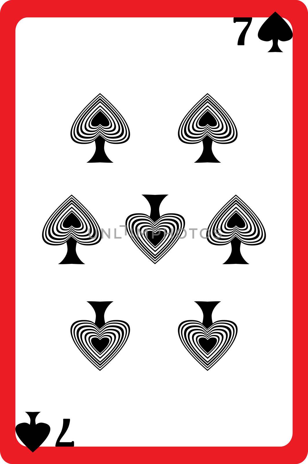 Scale hand drawn illustration of a playing card representing the seven of spades, one element of a deck