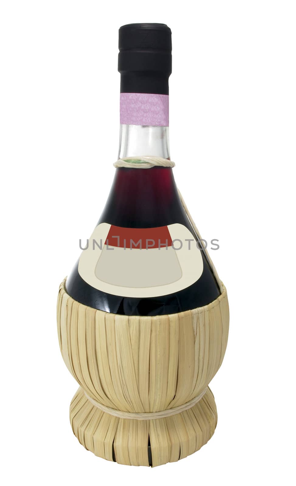 red wine bottle with straw bottom cover, label ready for text, ISOLATED on white background