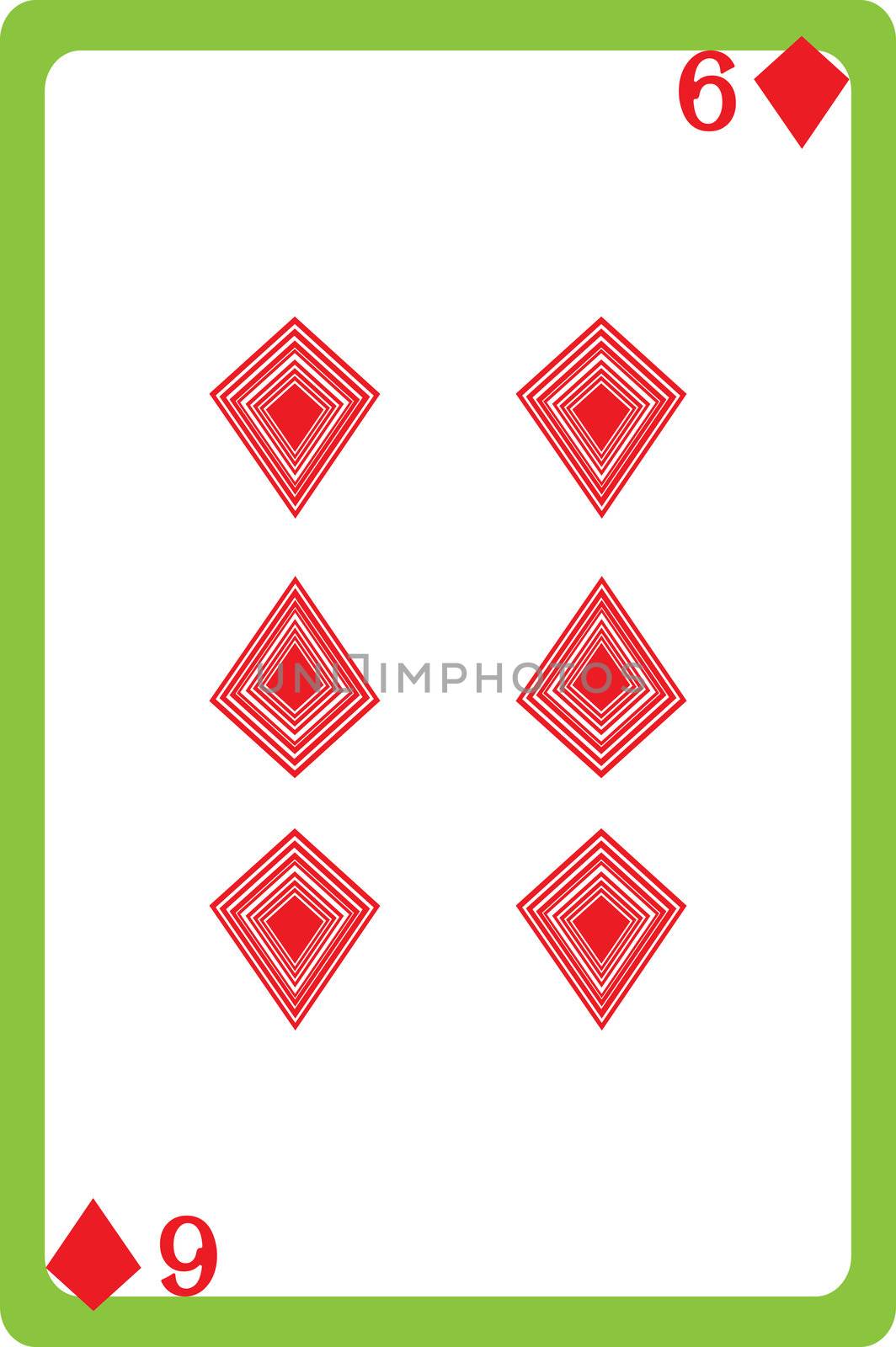 Scale hand drawn illustration of a playing card representing the six of diamonds, one element of a deck