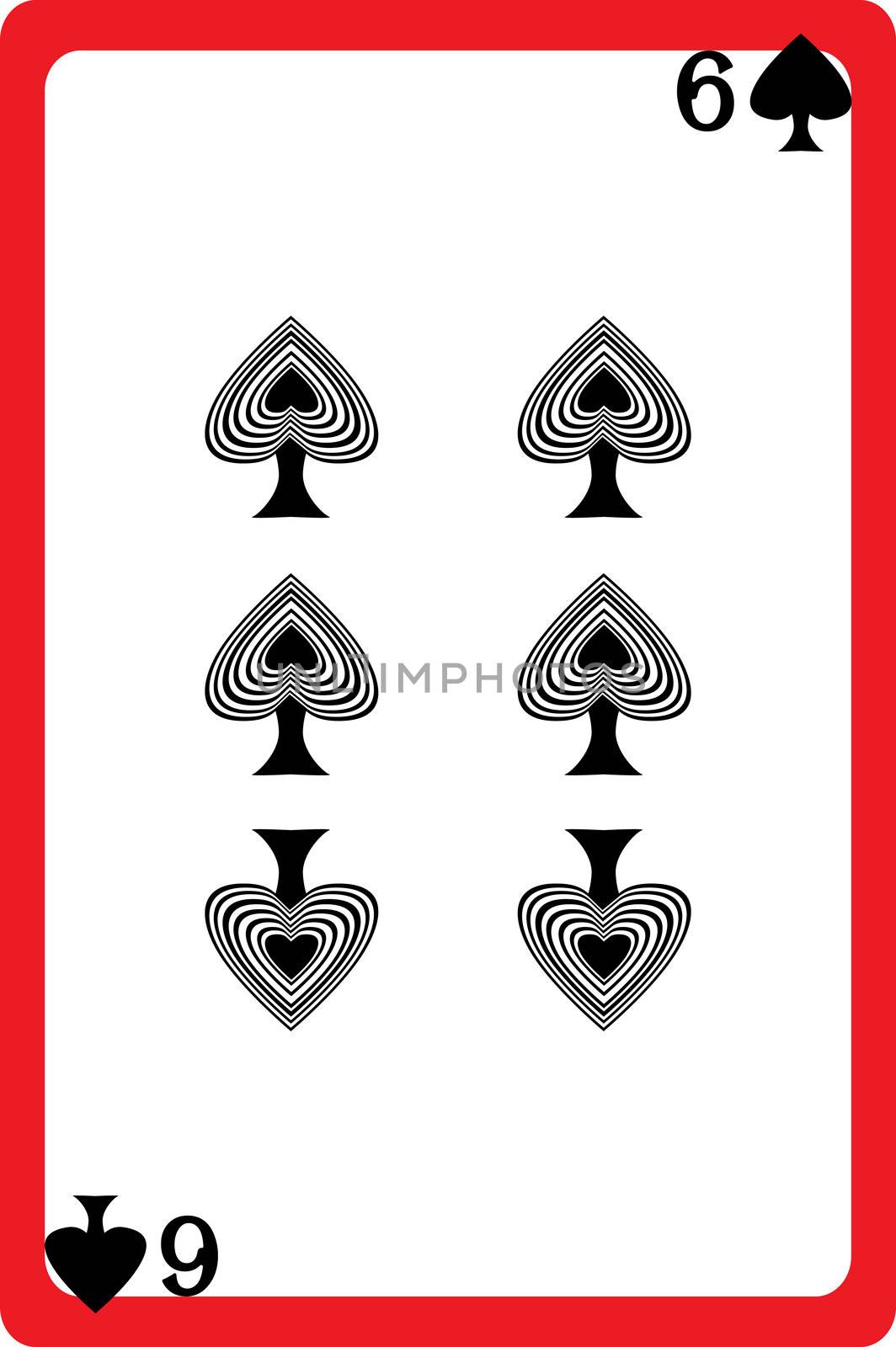 Scale hand drawn illustration of a playing card representing the six of spades, one element of a deck
