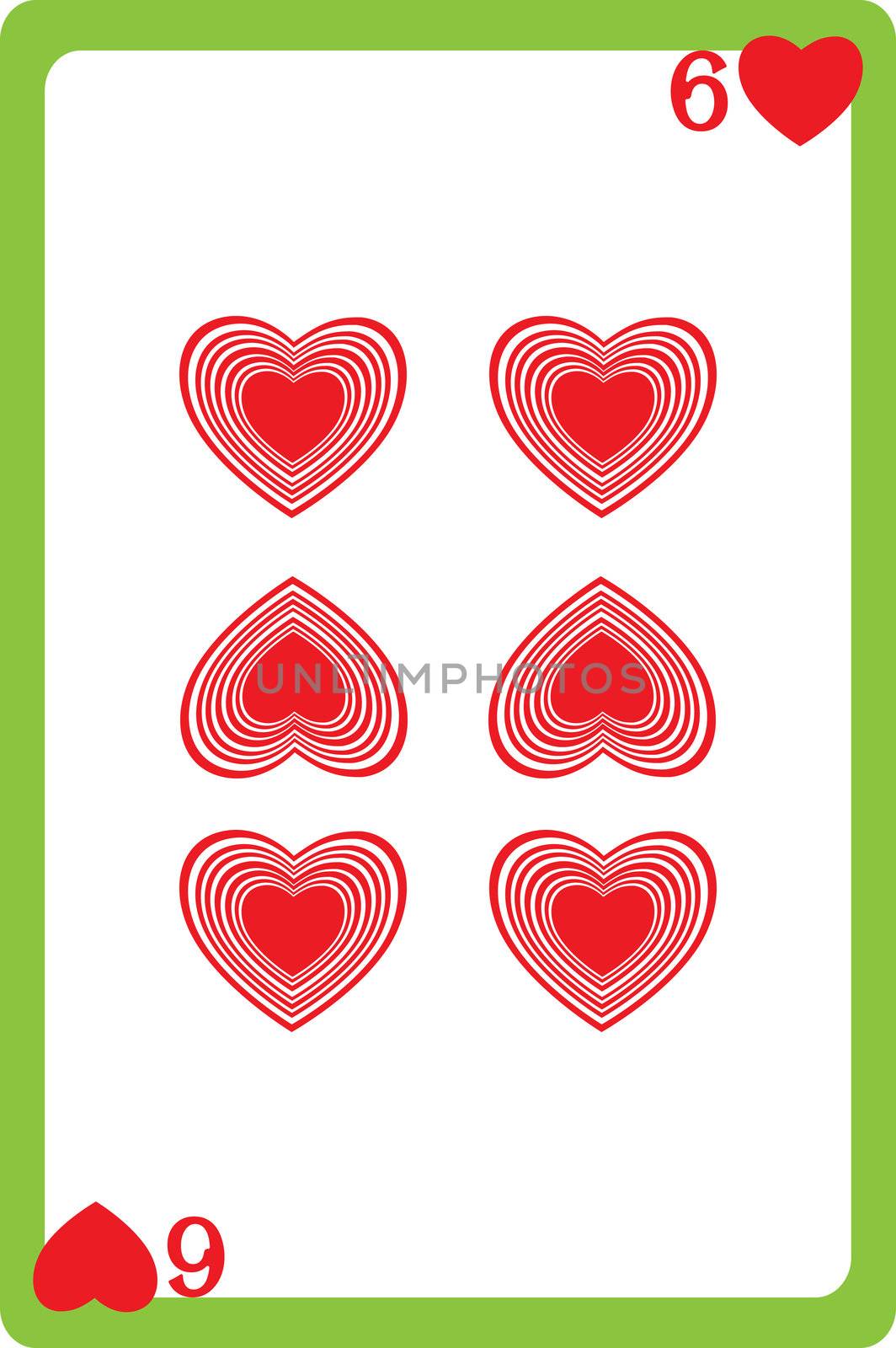 Scale hand drawn illustration of a playing card representing the six of hearts, one element of a deck