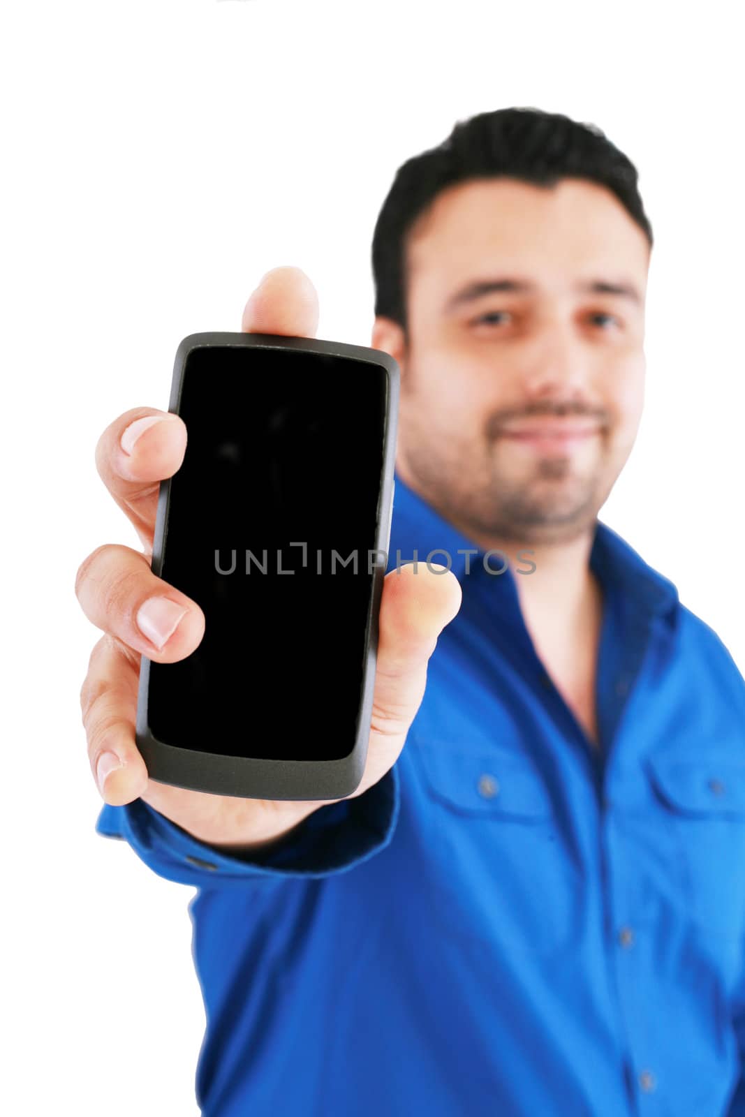 businessman with cellphone, isolated on white, focus on hand by dacasdo