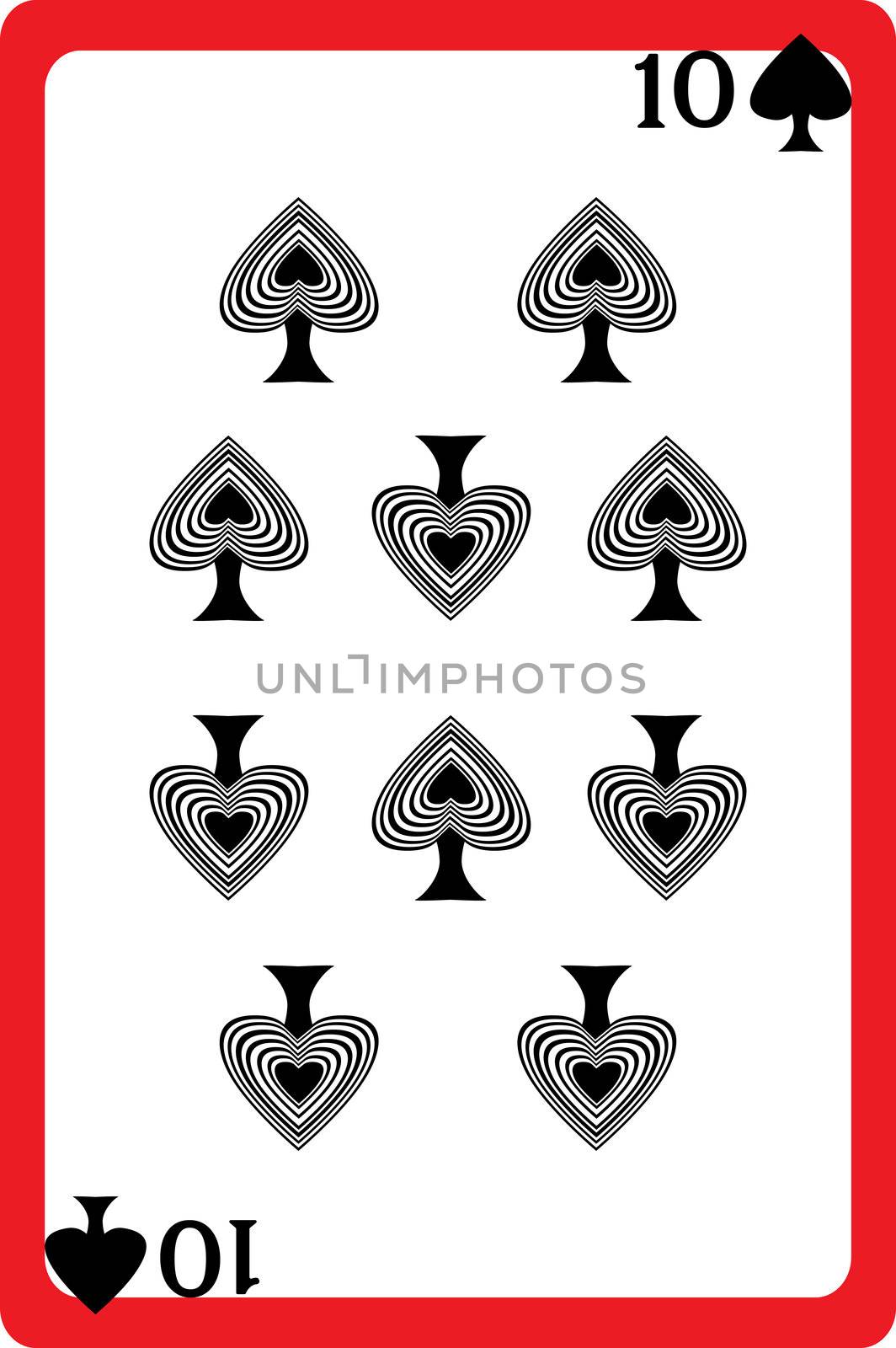 Scale hand drawn illustration of a playing card representing the ten of spades, one element of a deck