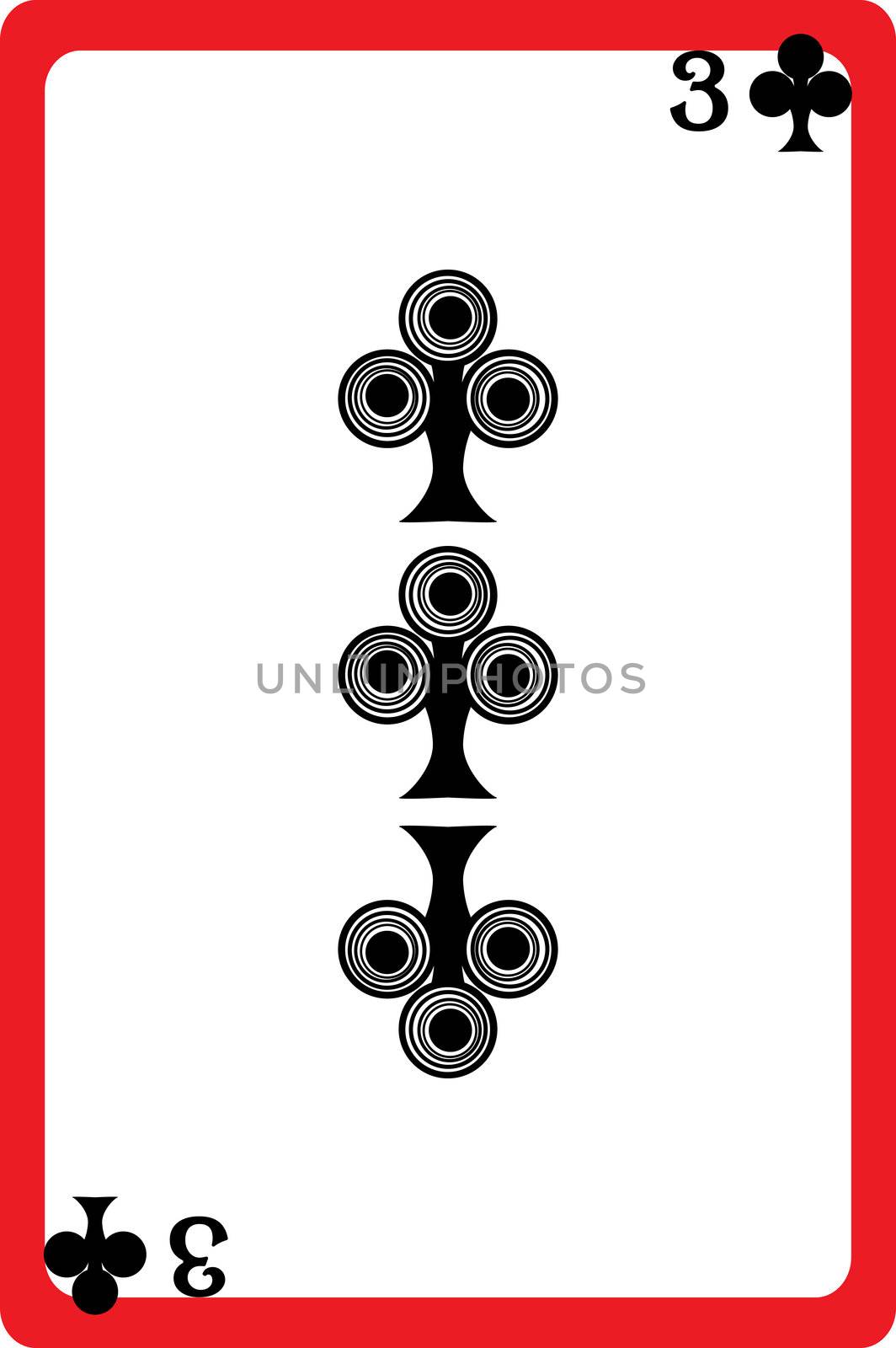 Scale hand drawn illustration of a playing card representing the three of clubs, one element of a deck