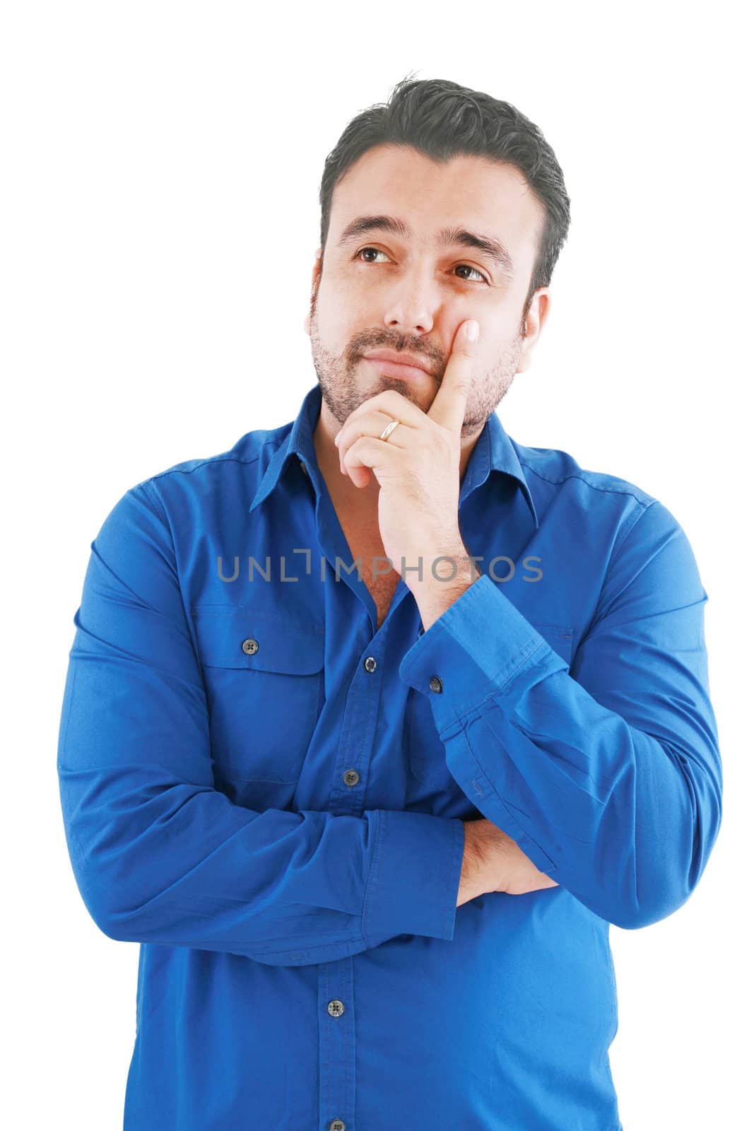 caucasian man thinking pensive looking up studio portrait on isolated white background