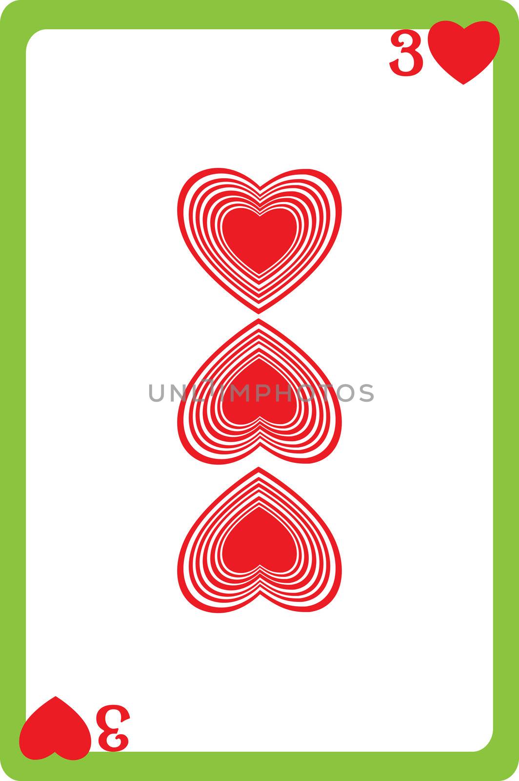 Scale hand drawn illustration of a playing card representing the three of hearts, one element of a deck