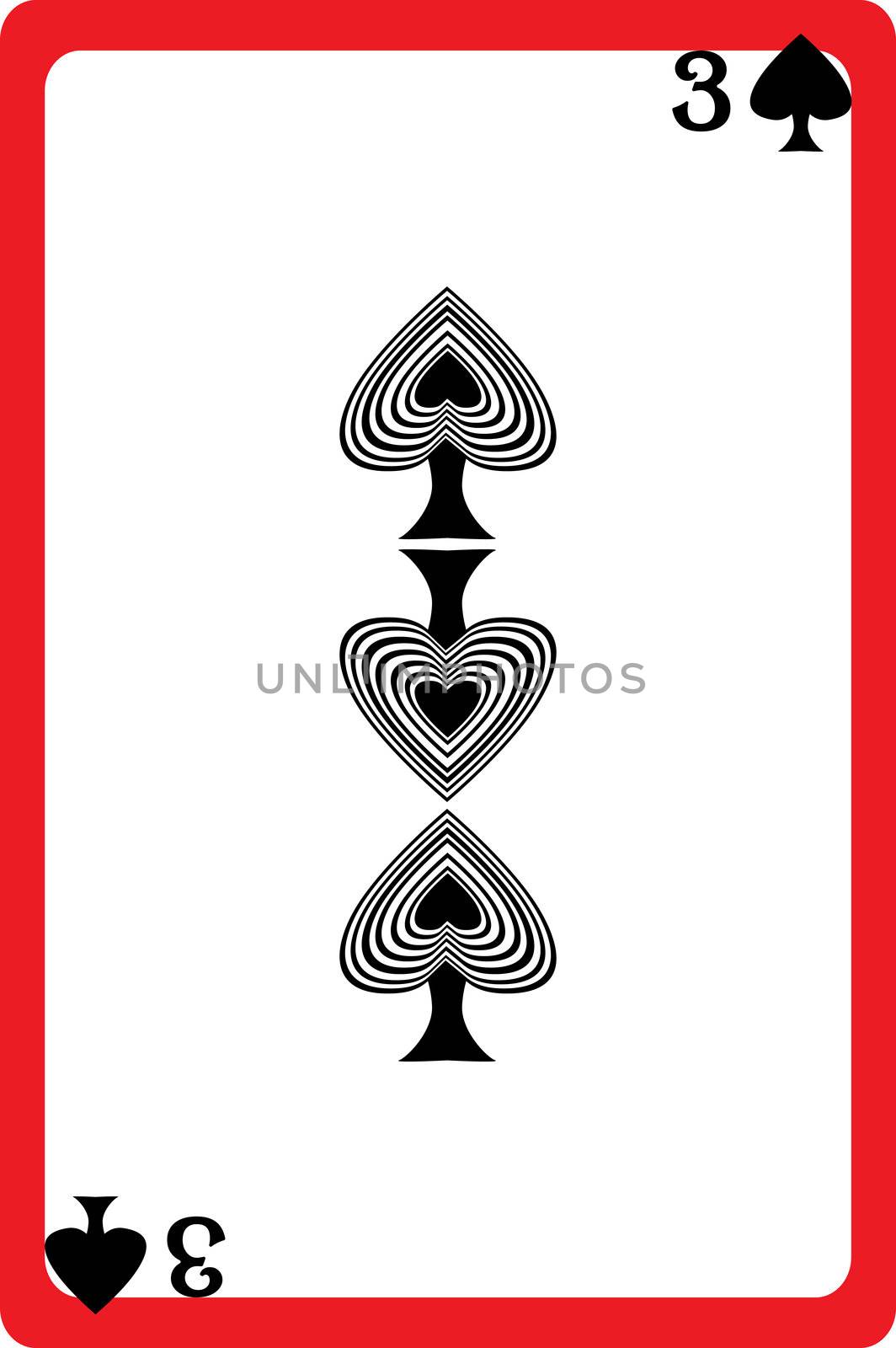 Scale hand drawn illustration of a playing card representing the three of spades, one element of a deck