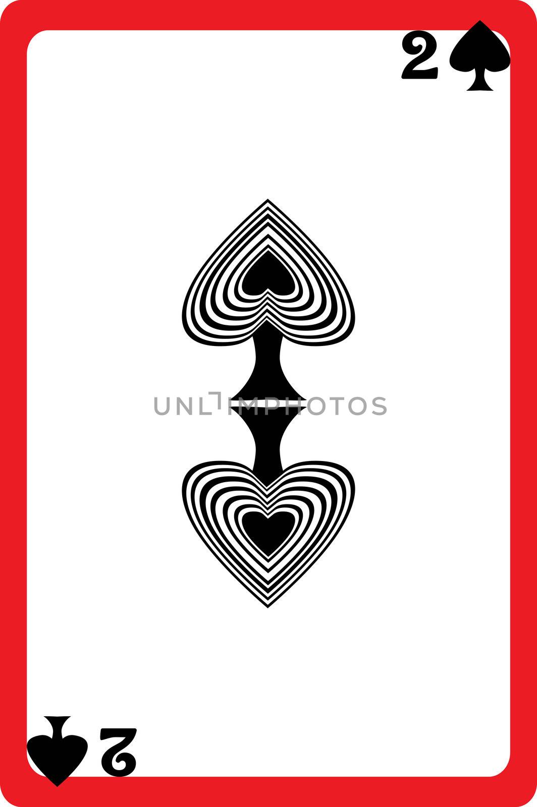Scale hand drawn illustration of a playing card representing the two of spades, one element of a deck