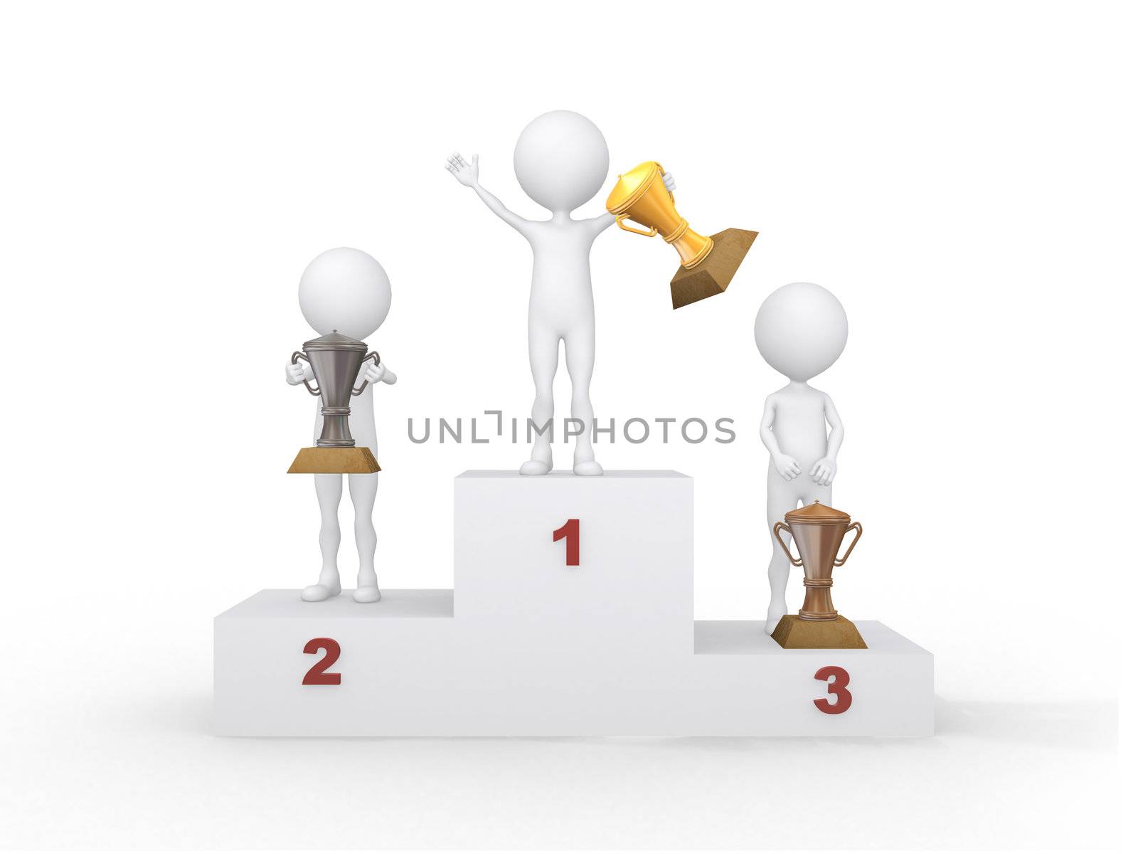 Winner celebrating on podium. 3d rendered illustration.