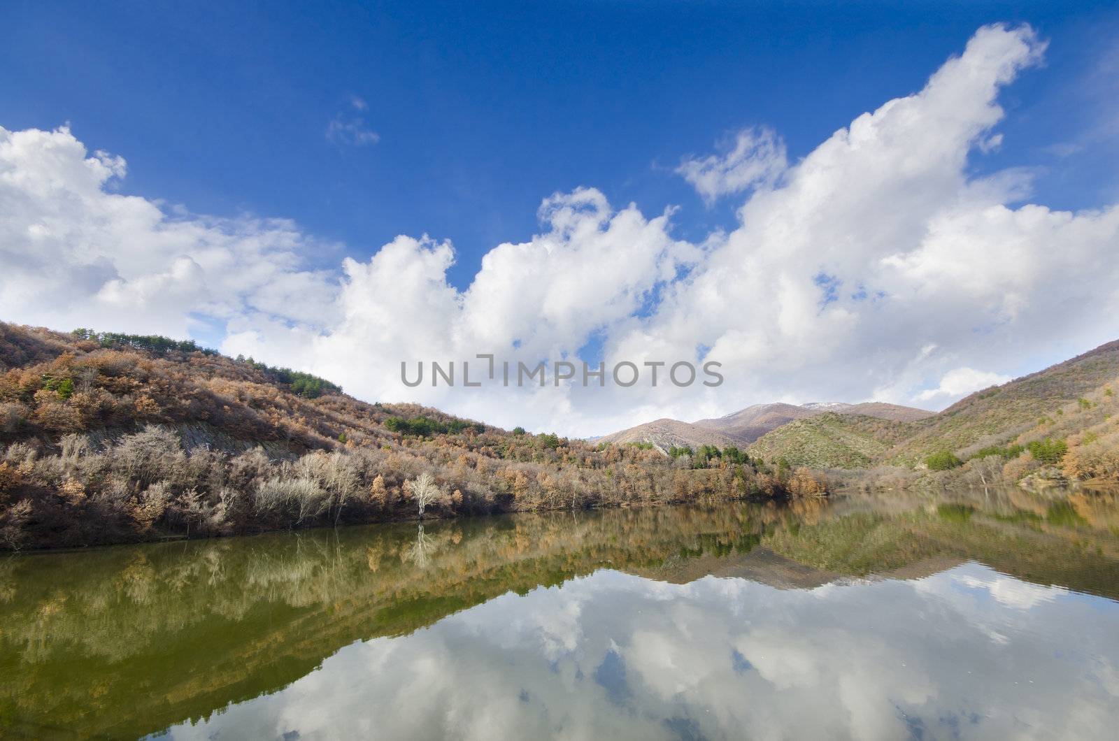 Autumn  winter landscape and ideal reflection on the calm surface