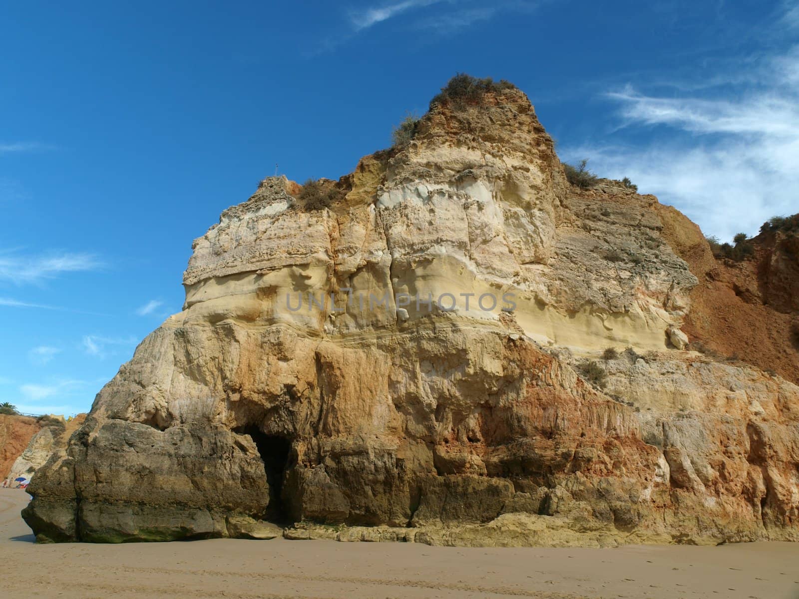 Caves and colourful rock formations on the Algarve coast in Portugal