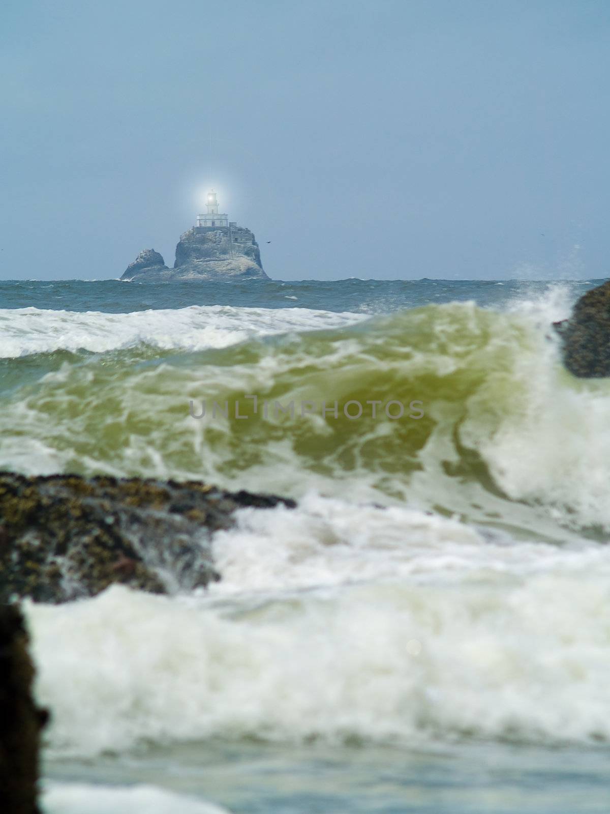 Terrible Tilly Lighthouse on Oregon Coast with Light Shining