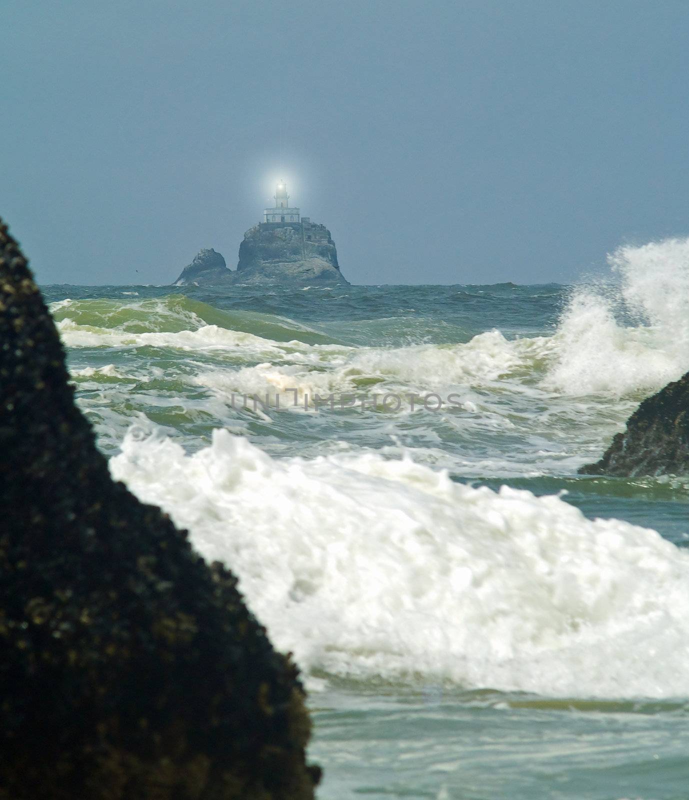 Terrible Tilly Lighthouse on Oregon Coast with Light Shining