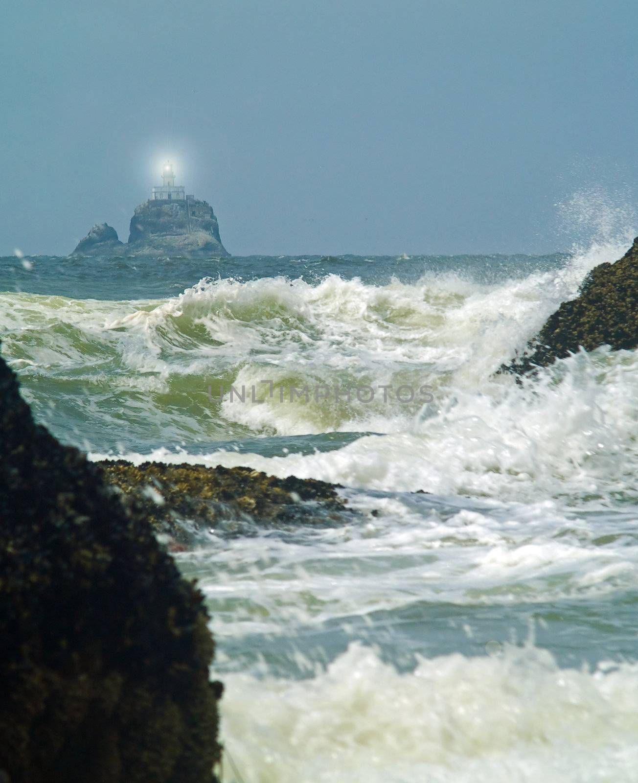 Terrible Tilly Lighthouse on Oregon Coast with Light Shining