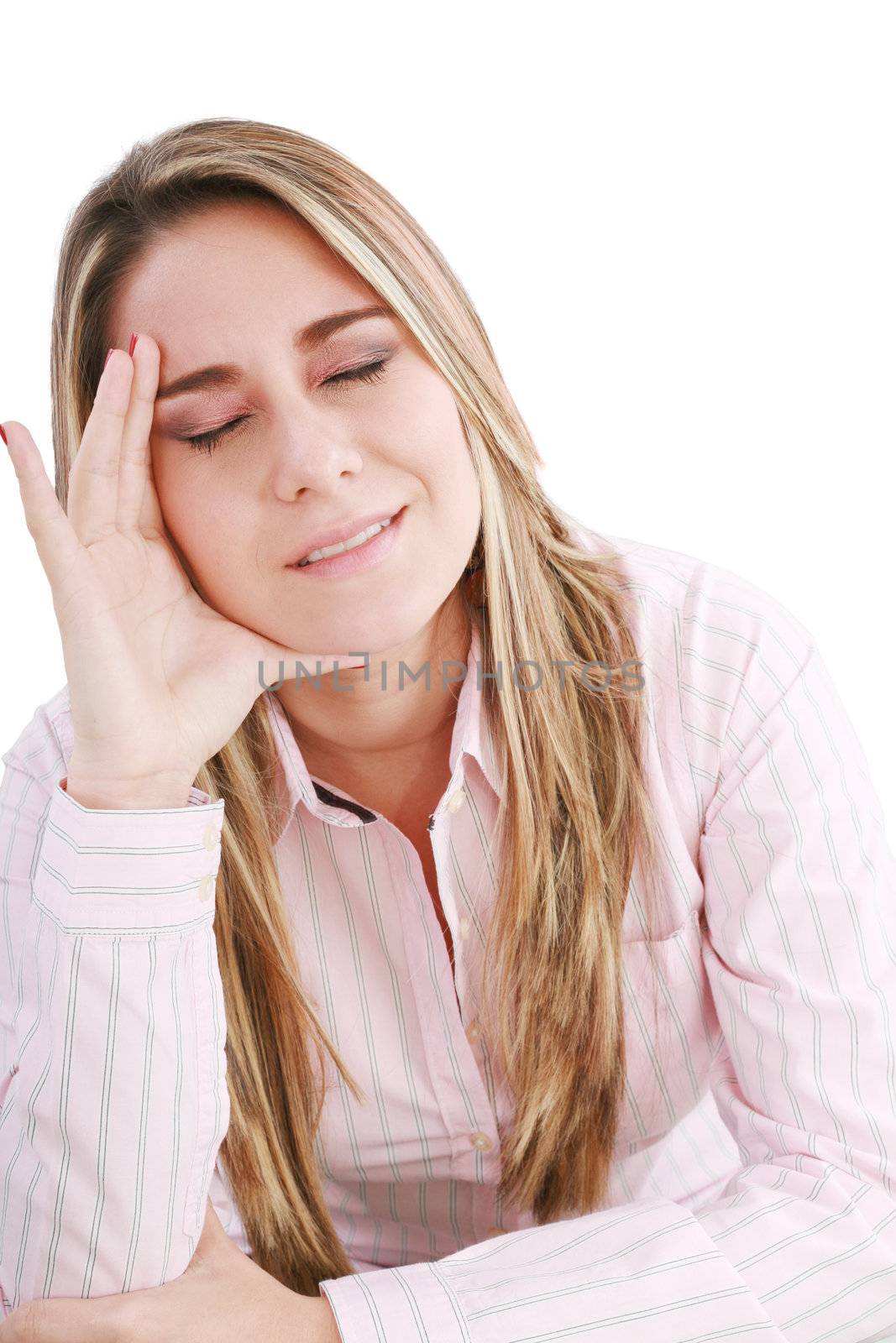 Woman having a headache, isolated on white