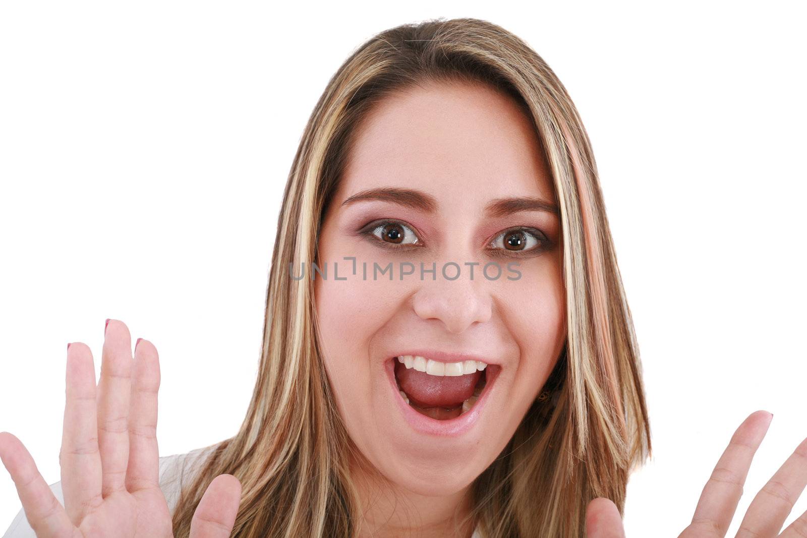 Portrait of a young woman with a astonish expression, isolated over white background