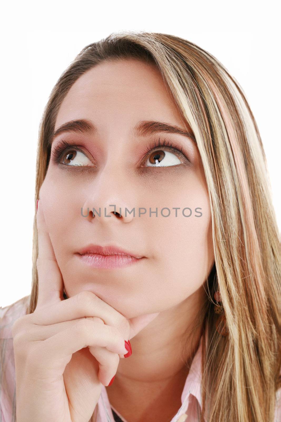 A thinking woman, isolated on white