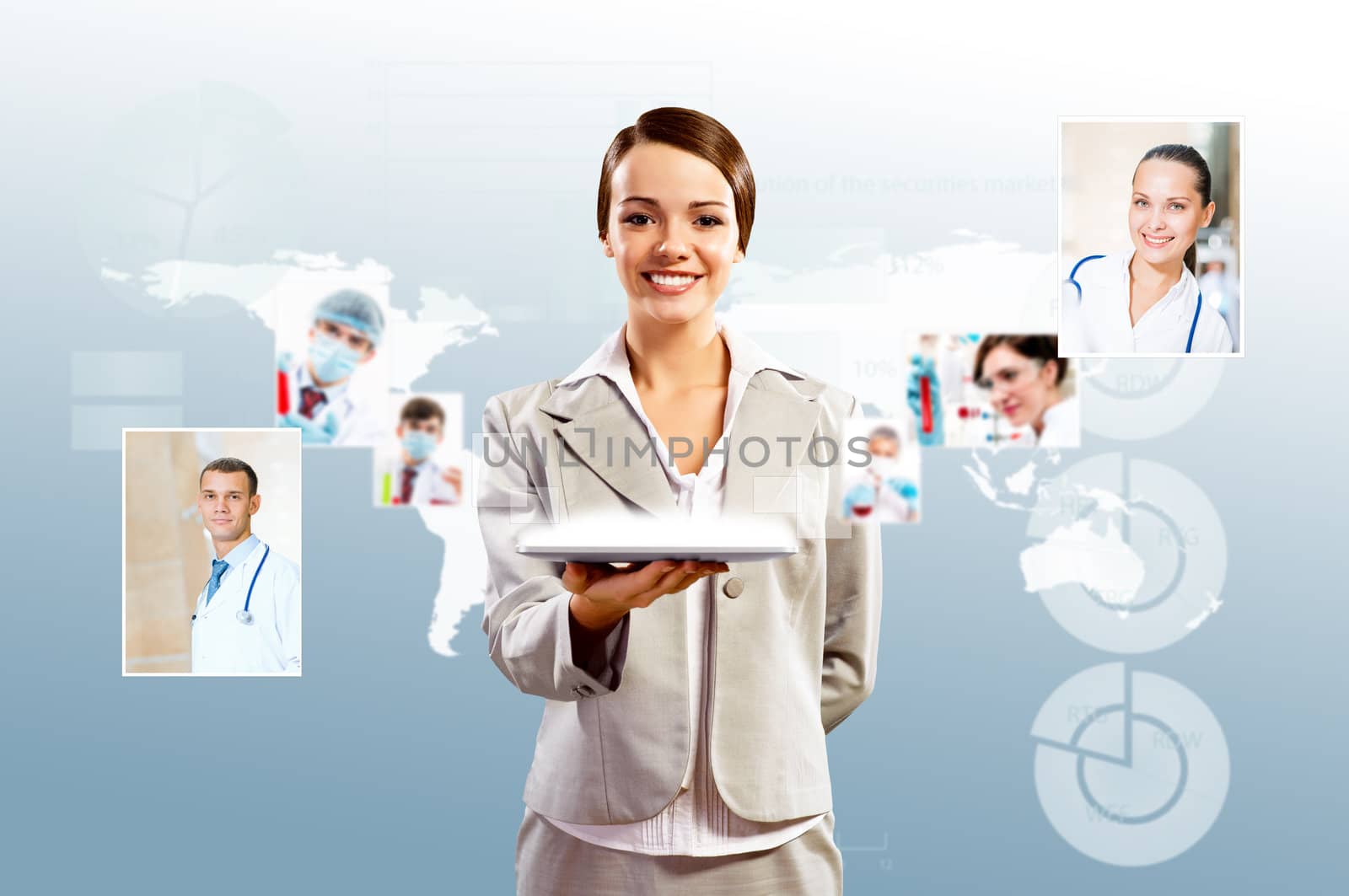 attractive woman holding a tablet pc and smiling, concept of social networks, collage