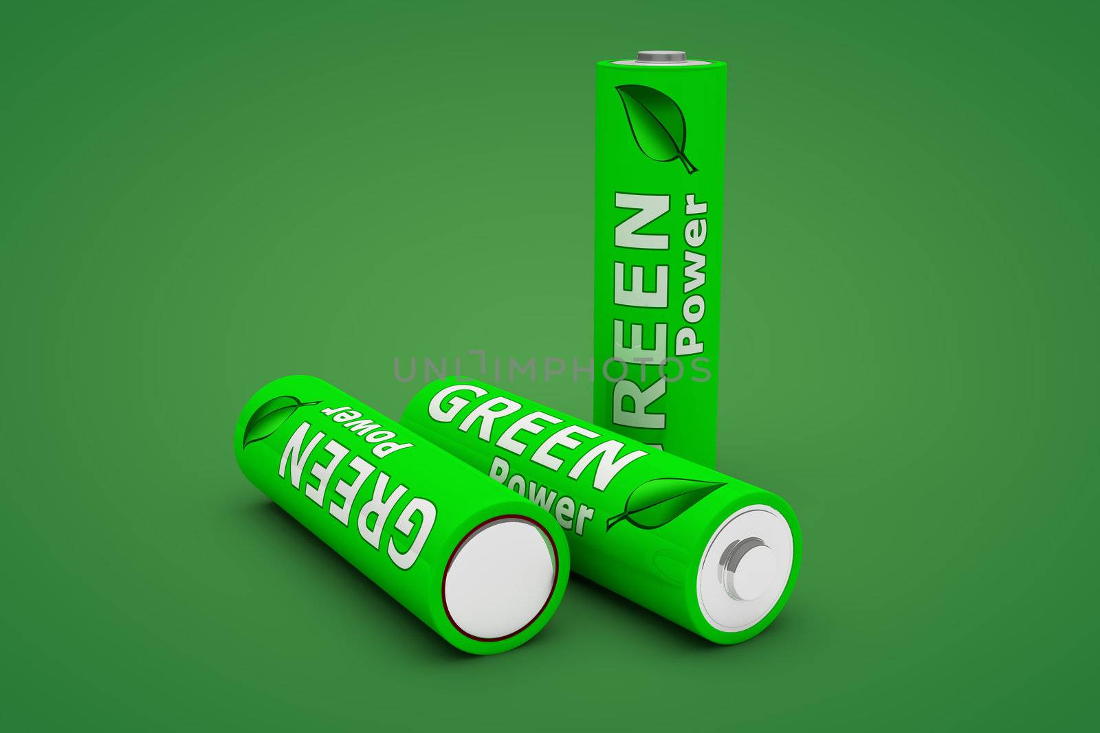 three green LR 6 1.5 volts batteries on a green background