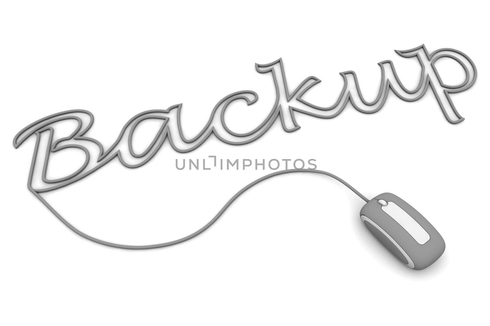 modern grey computer mouse is connected to the grey word BACKUP - letters a formed by the mouse cable