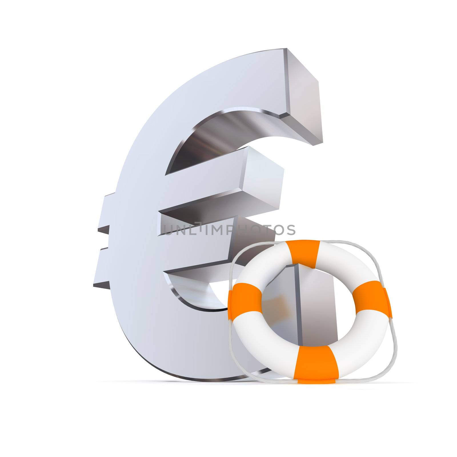 white and orange lifebelt leans on a shiny metallic Euro currency symbol