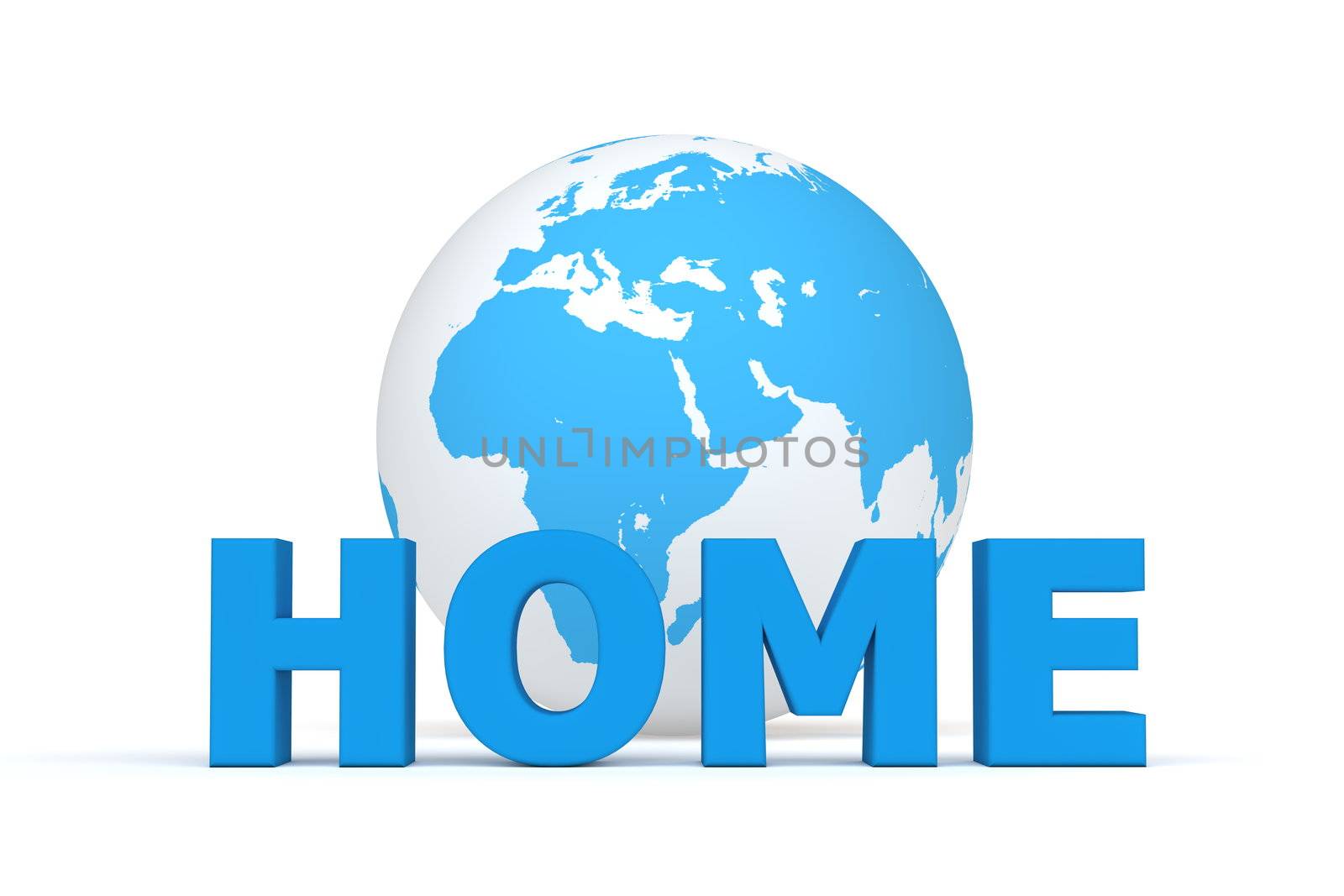 blue word HOME in front of a blue and white globe