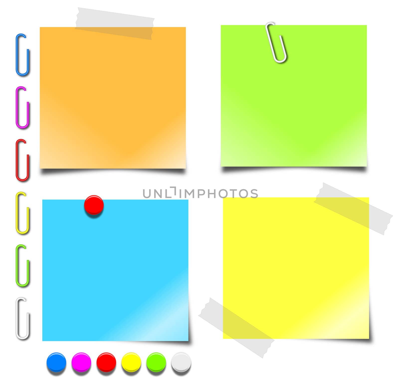 Colorful 3d graphics of blank notepaper, paperclips and pushpins.