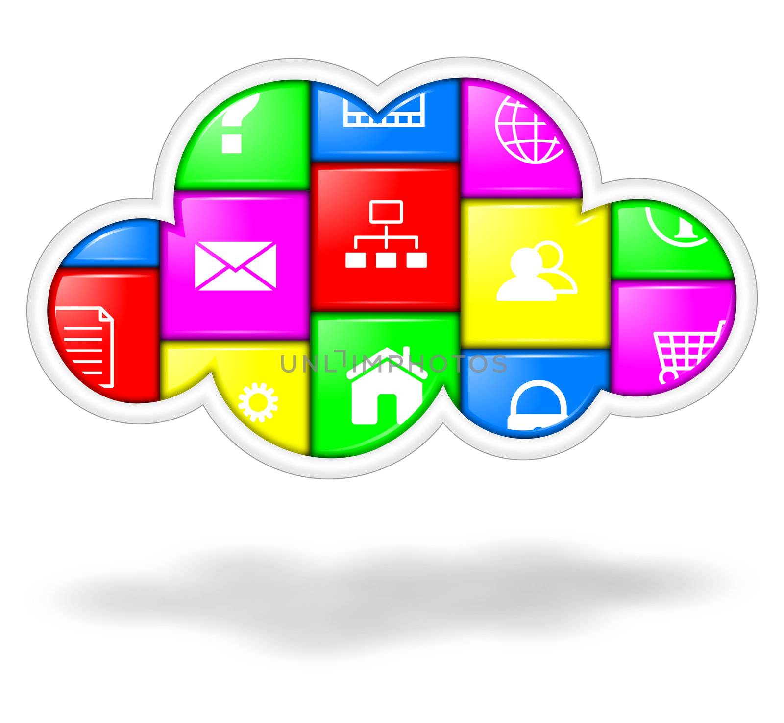 Colorful cloud with applications buttons illustration, cloud computing services concept