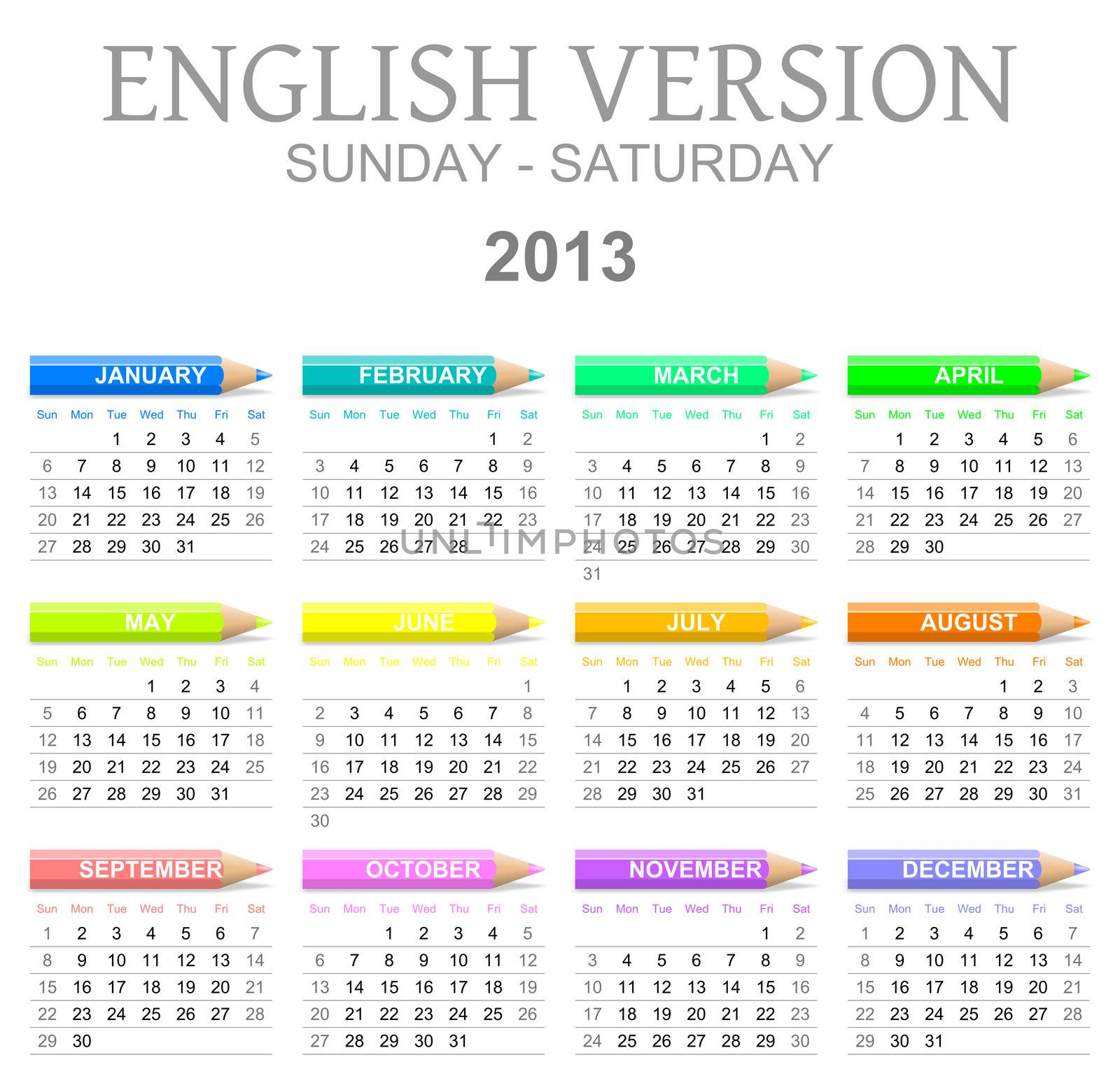 Colorful sunday to saturday 2013 calendar with crayons english version illustration