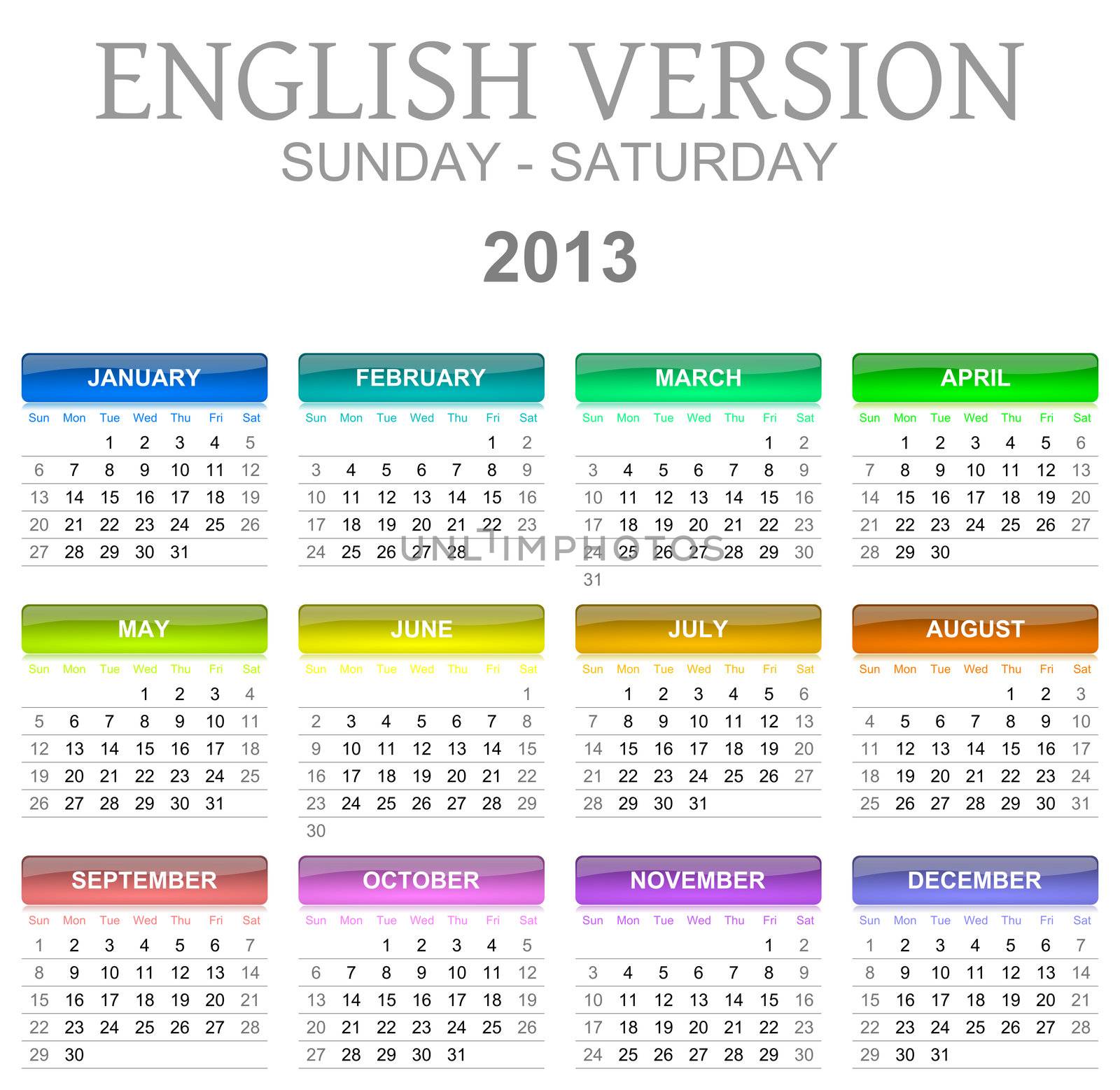 Colorful sunday to saturday 2013 calendar english version illustration