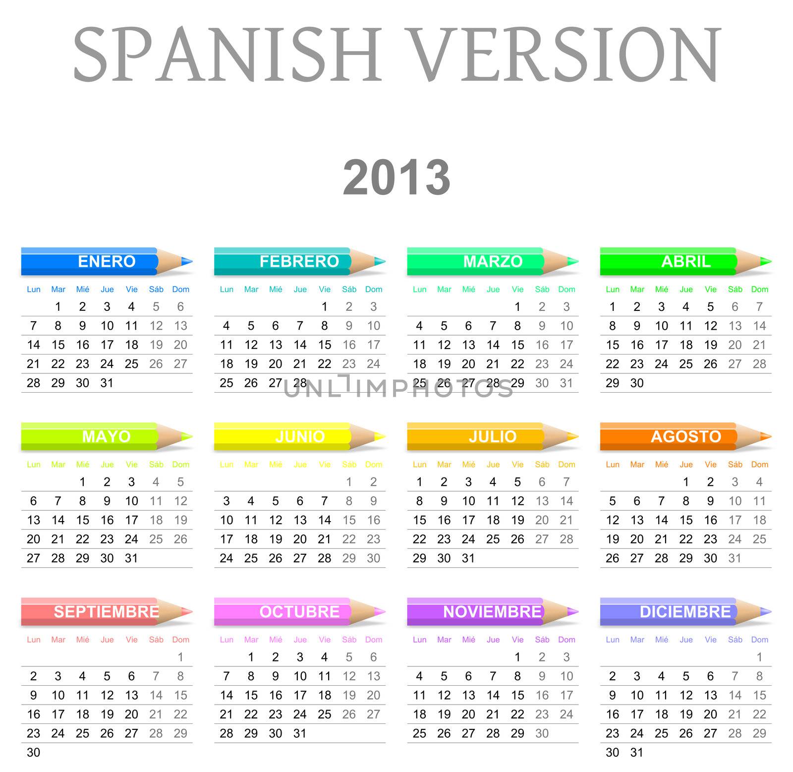 Colorful monday to sunday 2013 calendar with crayons spanish version illustration
