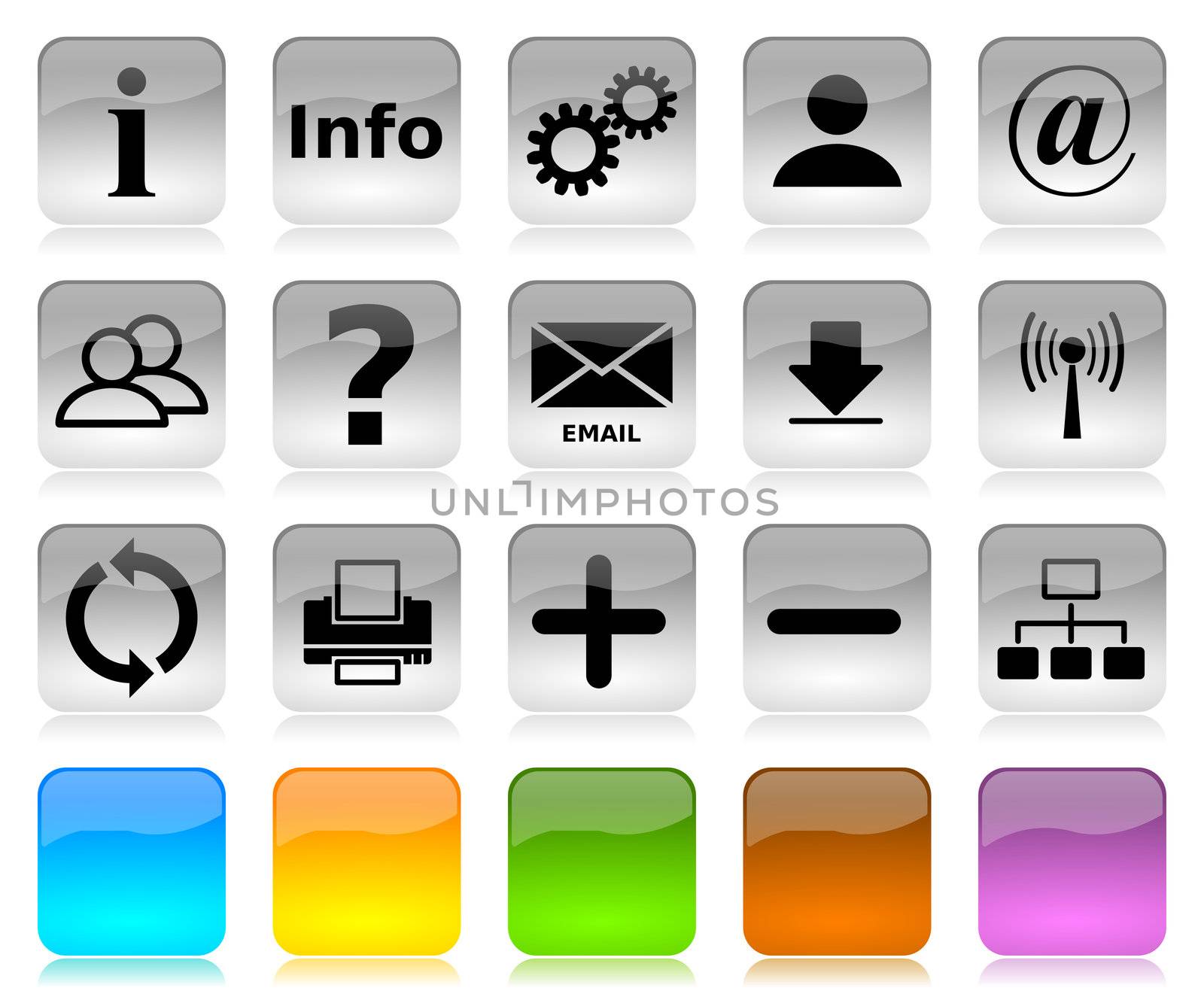 Black on white glossy internet icons series and five colors blank customizable buttons