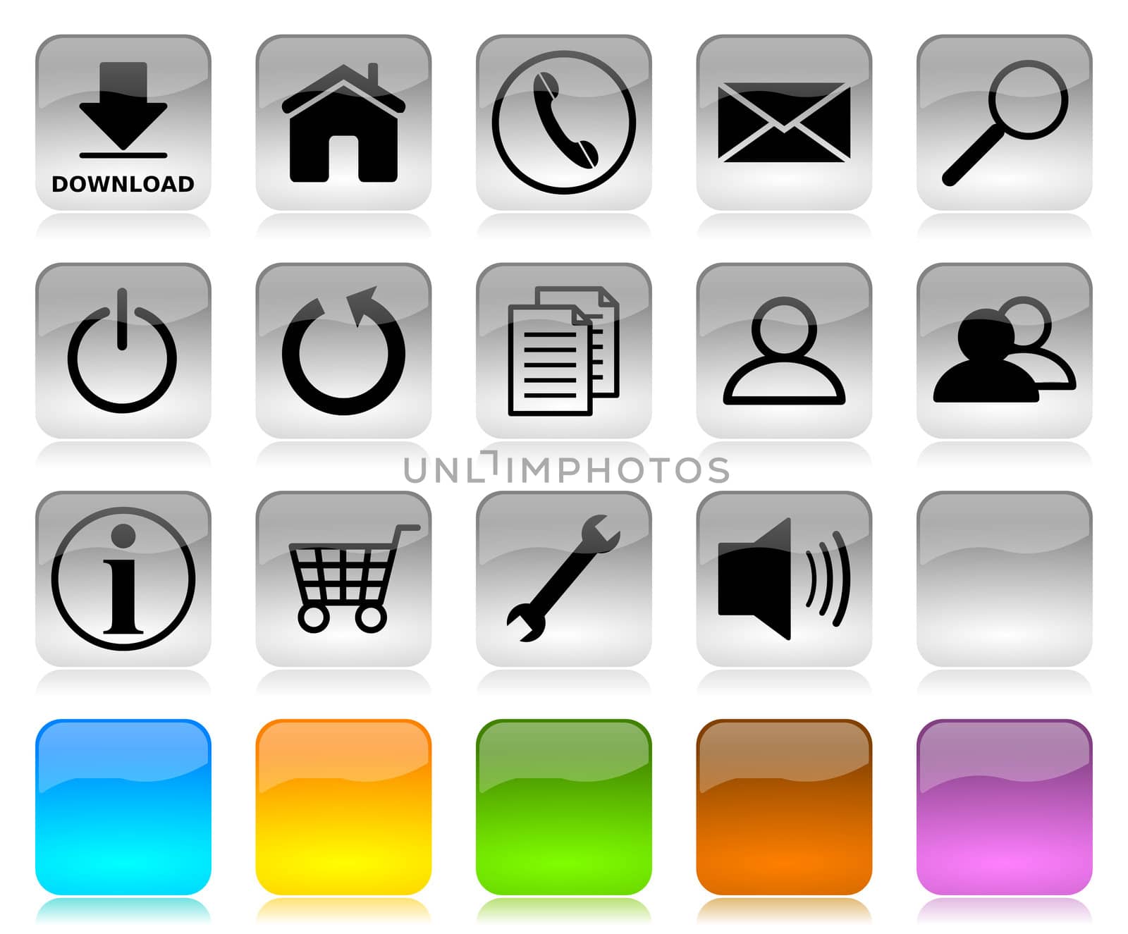 Black on white glossy internet icons series and five colors blank customizable buttons