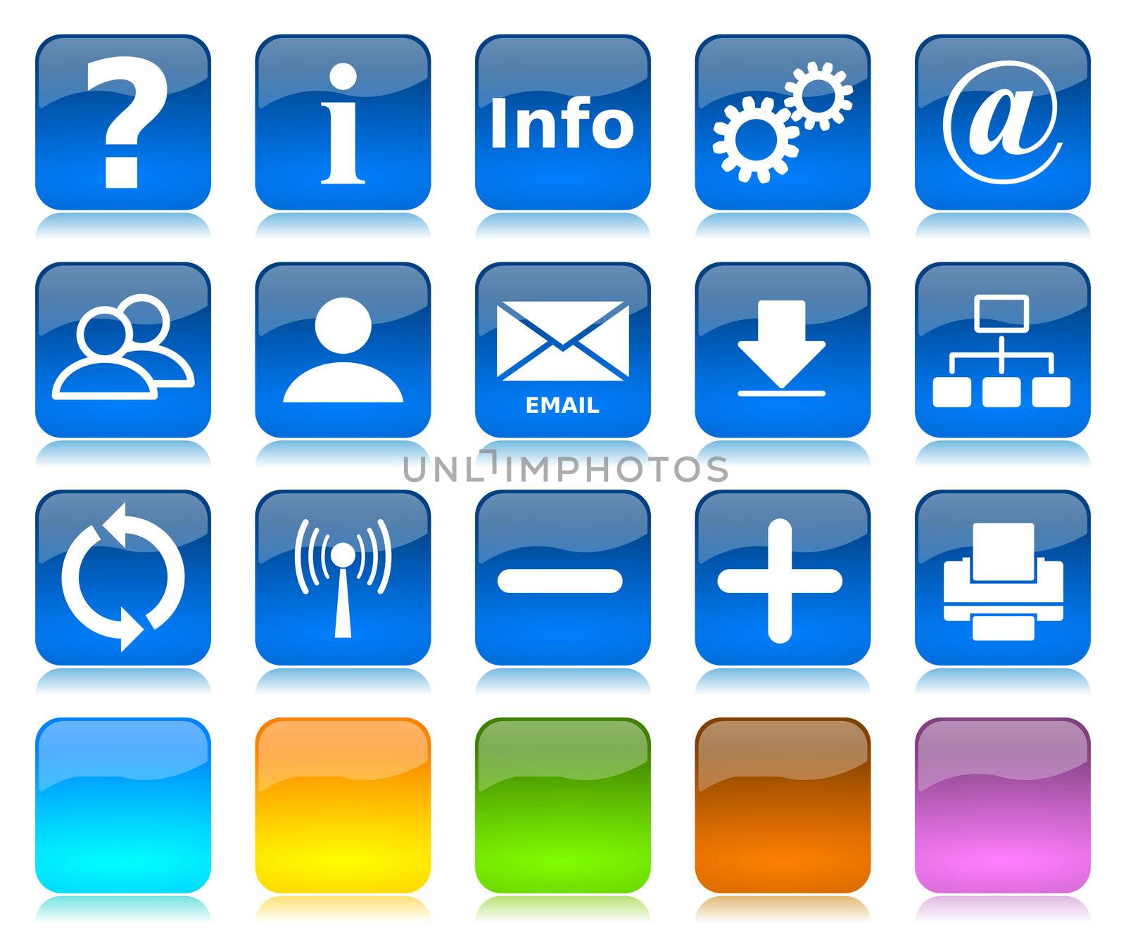 White on blue glossy internet icons series and five colors blank customizable buttons