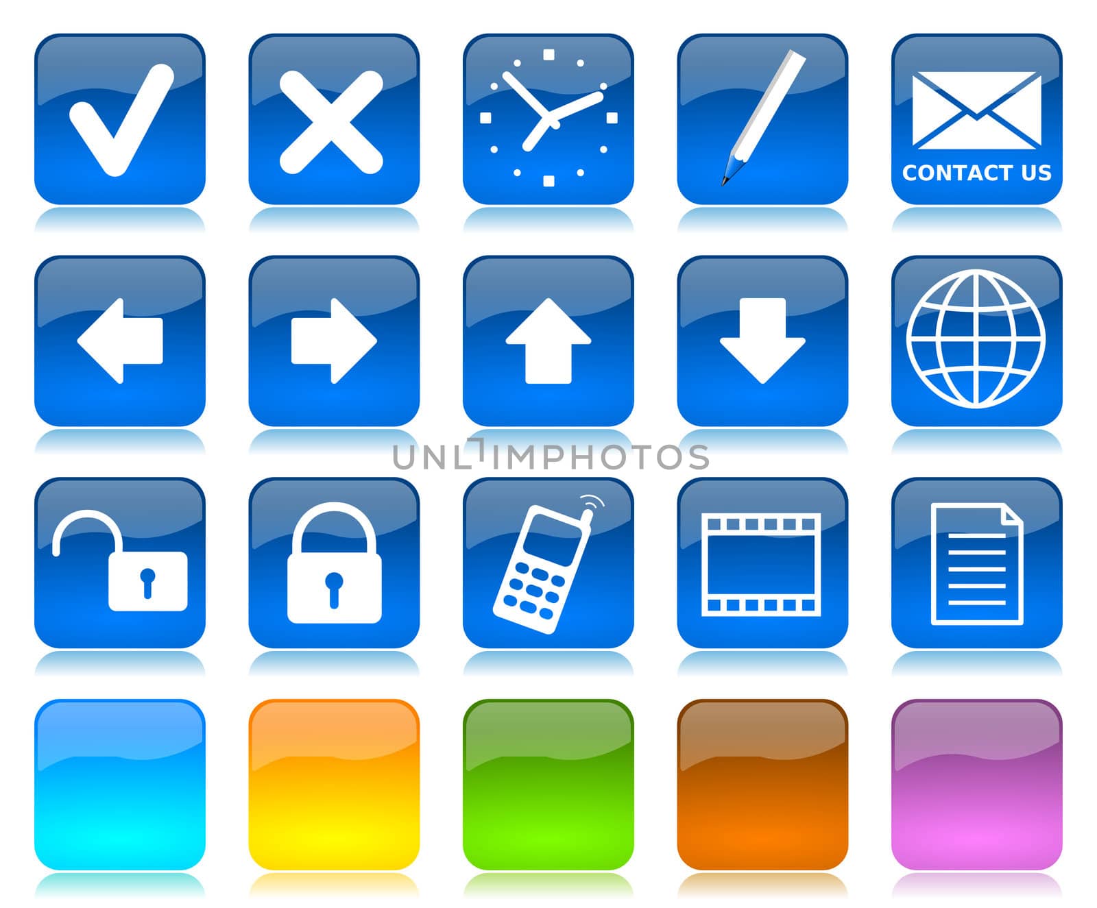 White on blue glossy internet icons series and five colors blank customizable buttons