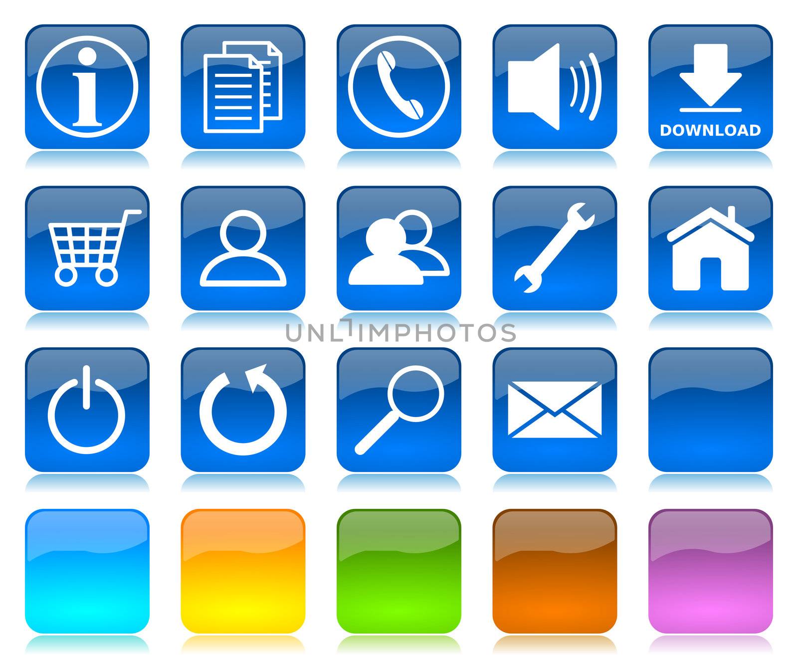 White on blue glossy internet icons series and five colors blank customizable buttons