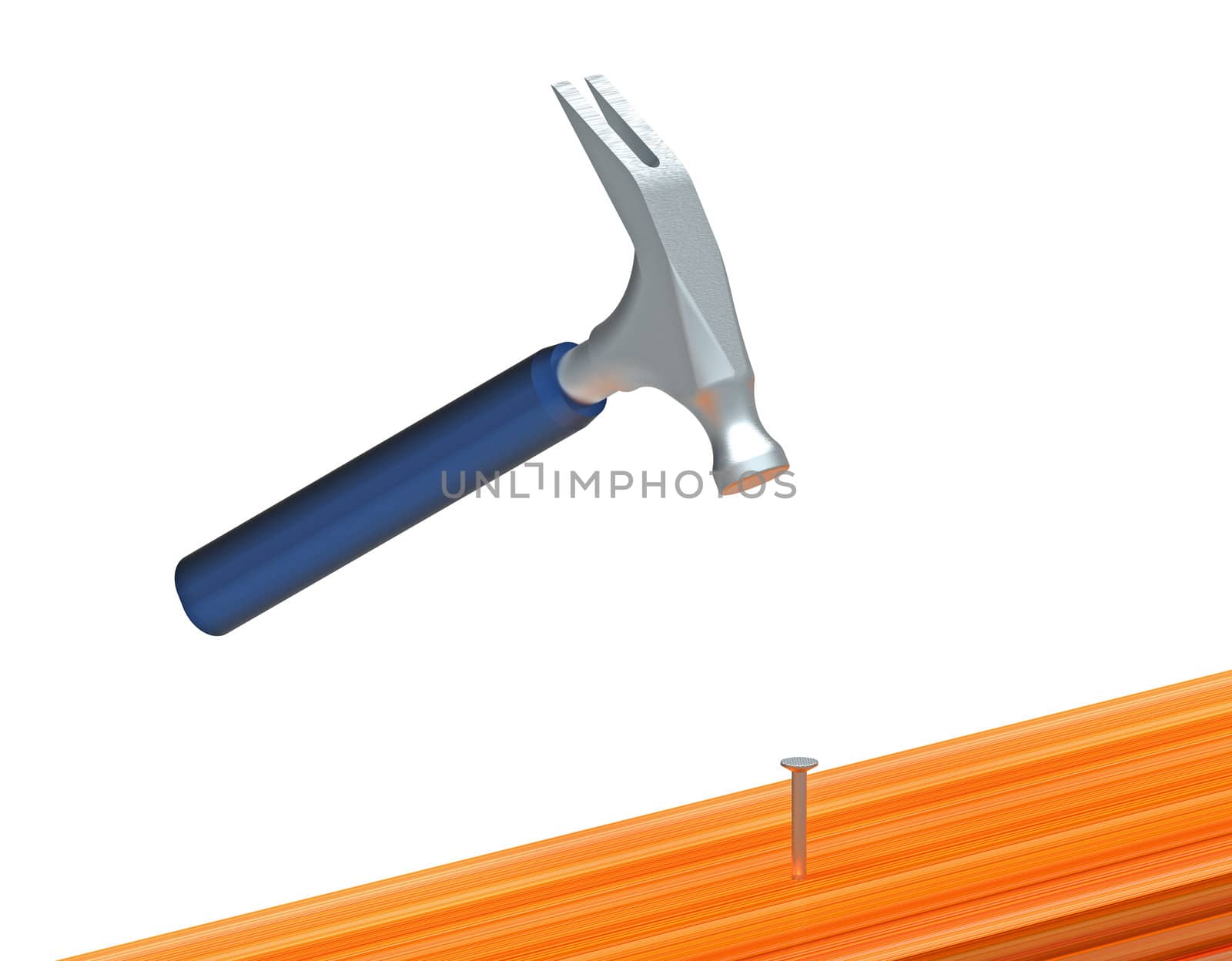 Hammering nails into a wooden board, isolated on white
