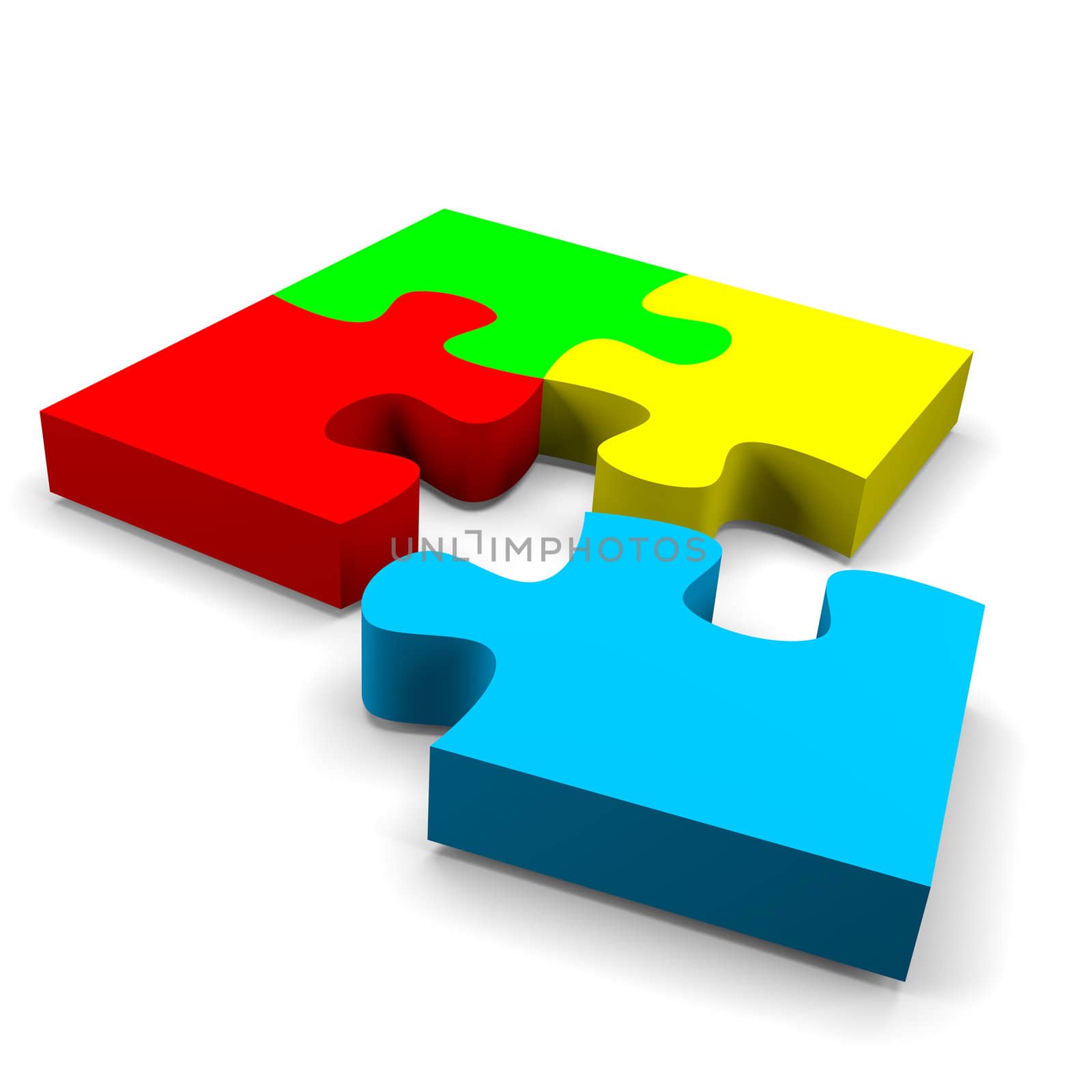 four color puzzle pieces combined solution concept on white background